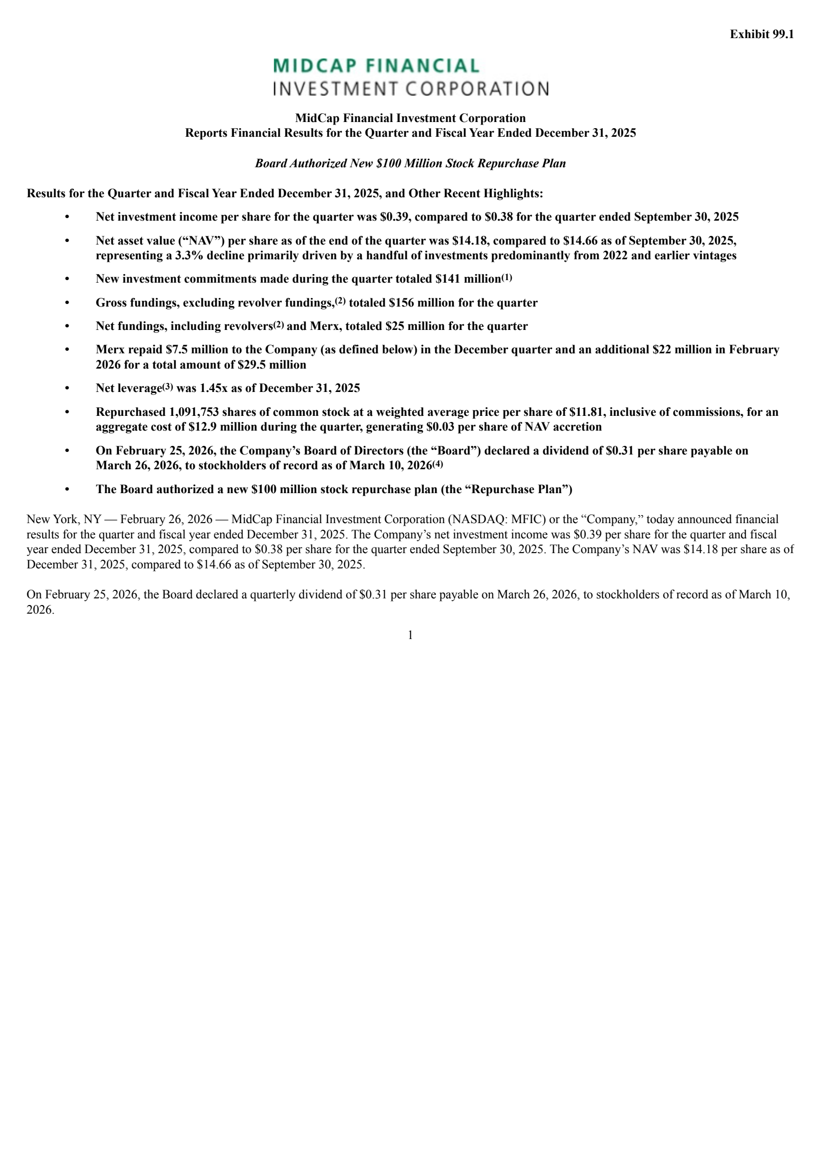 MidCap Financial Investment's Q4 2025 Press Release