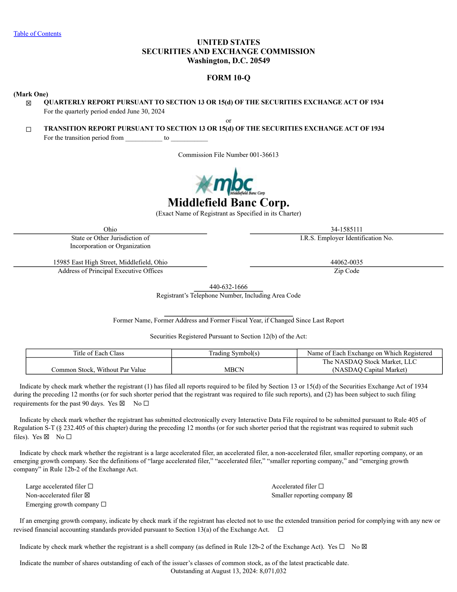 Middlefield Banc's Q2 2024 Quarterly Report