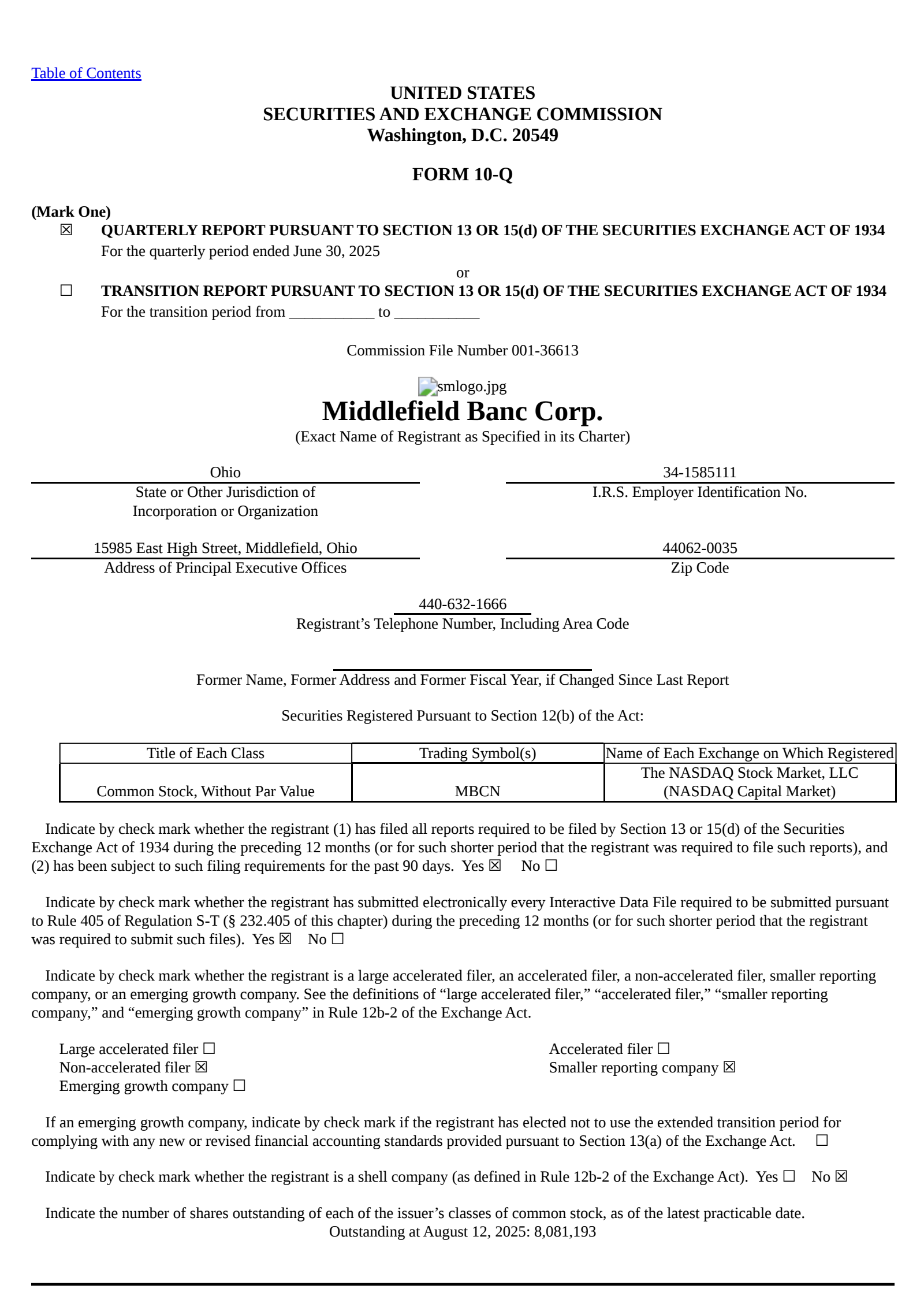 Middlefield Banc's Q2 2025 Quarterly report