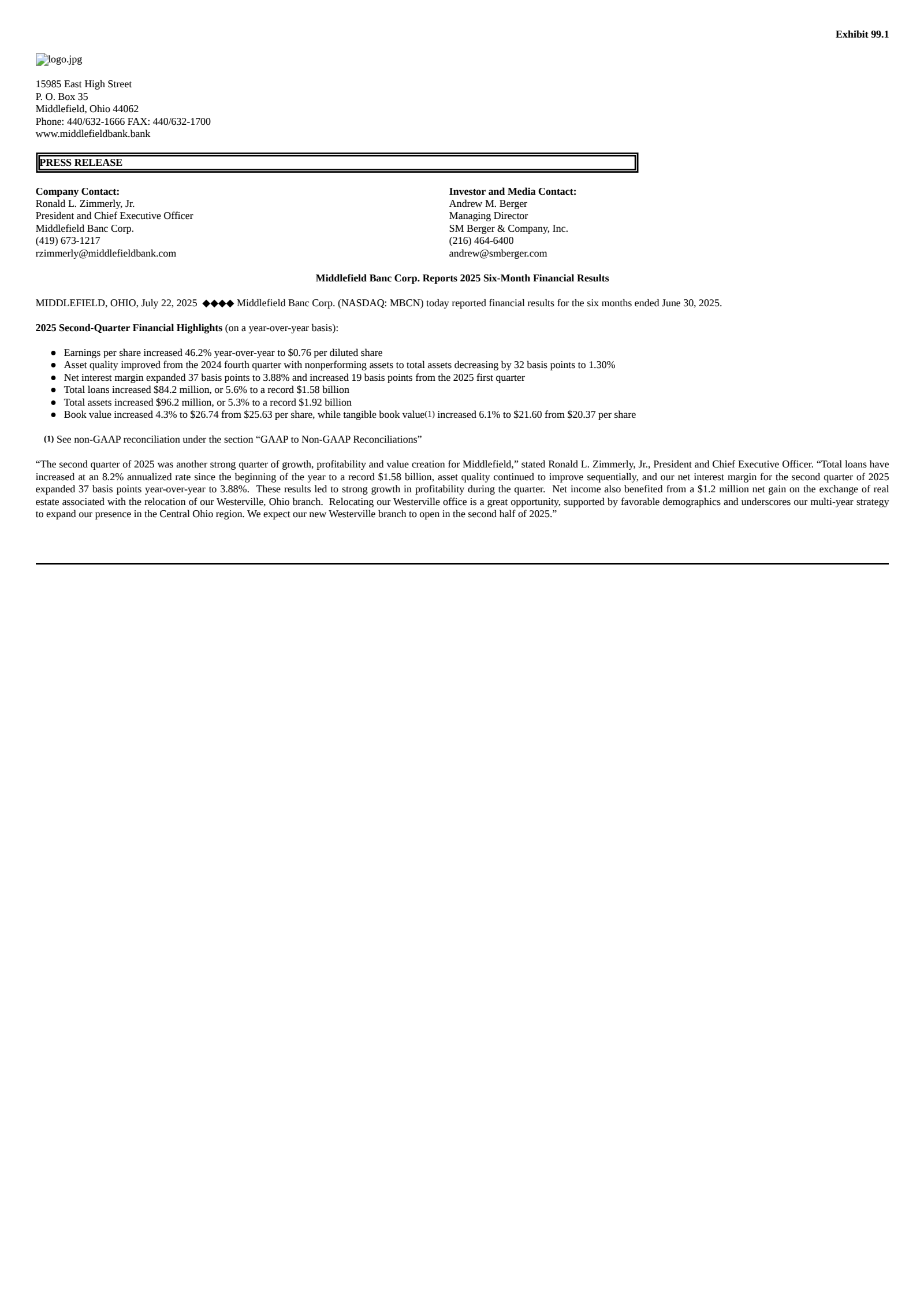 Middlefield Banc's Q2 2025 Press Release