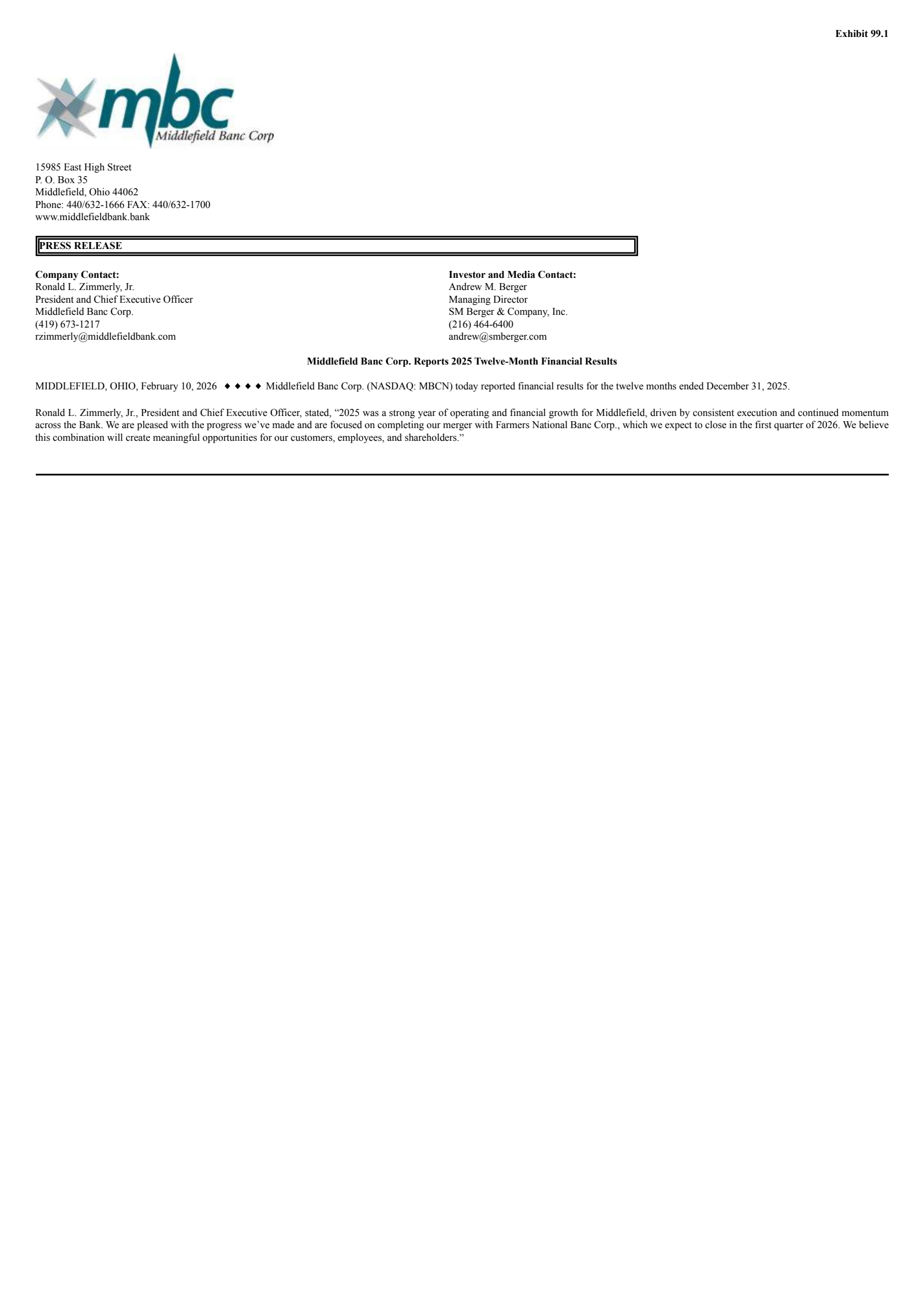 Middlefield Banc's Q4 2025 Press Release