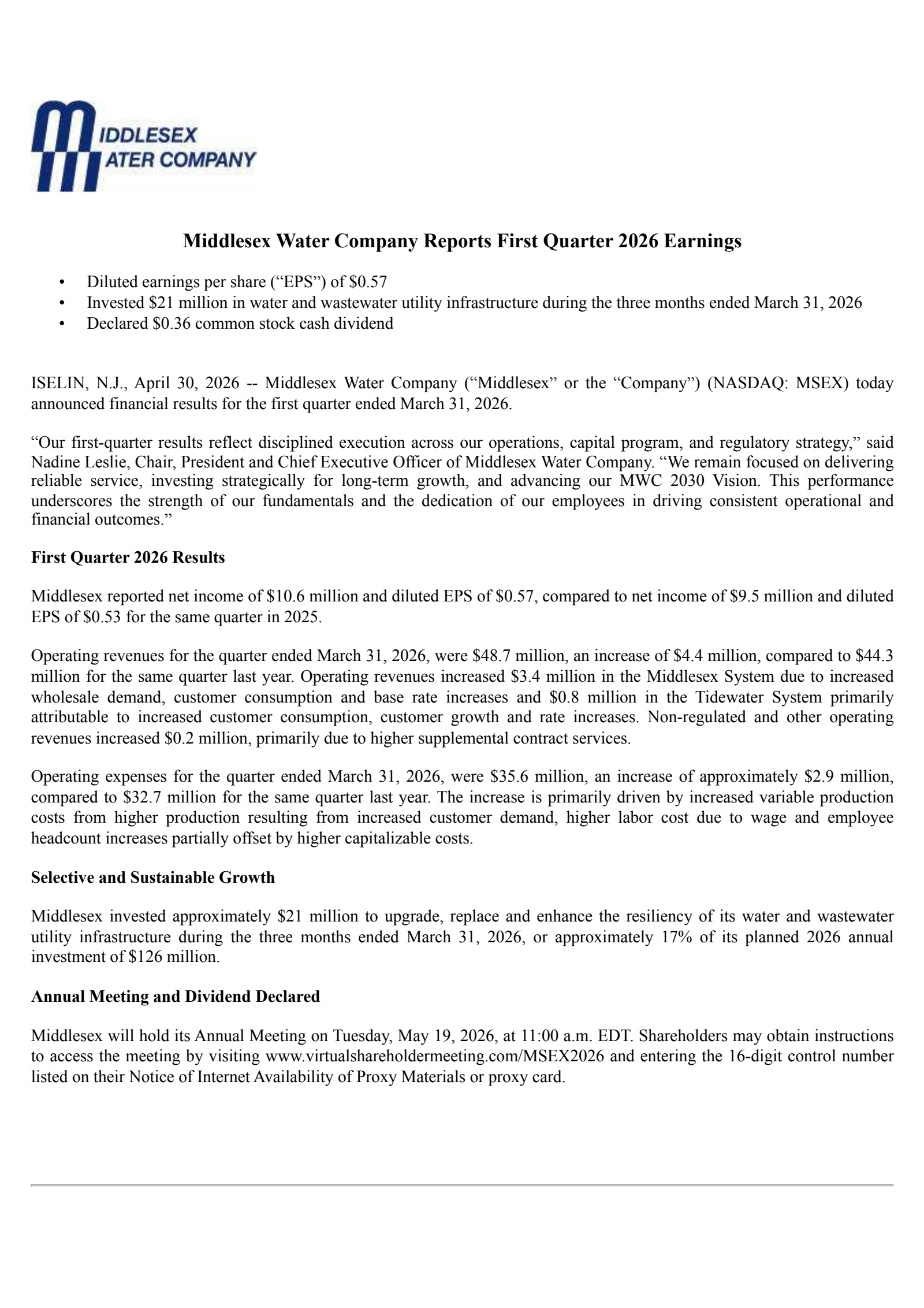 Middlesex Water's Q1 2026 Press Release