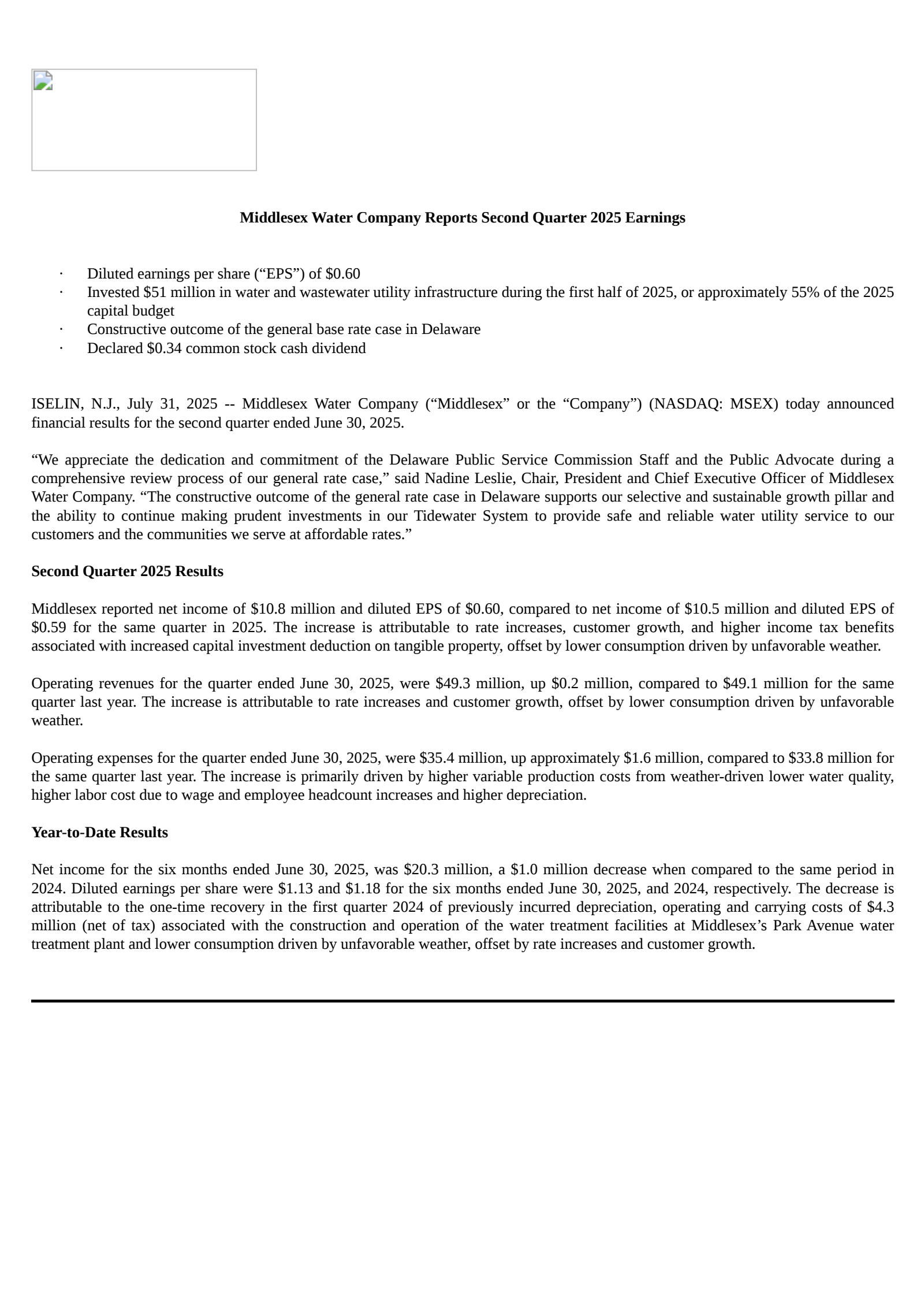 Middlesex Water's Q2 2025 Press Release