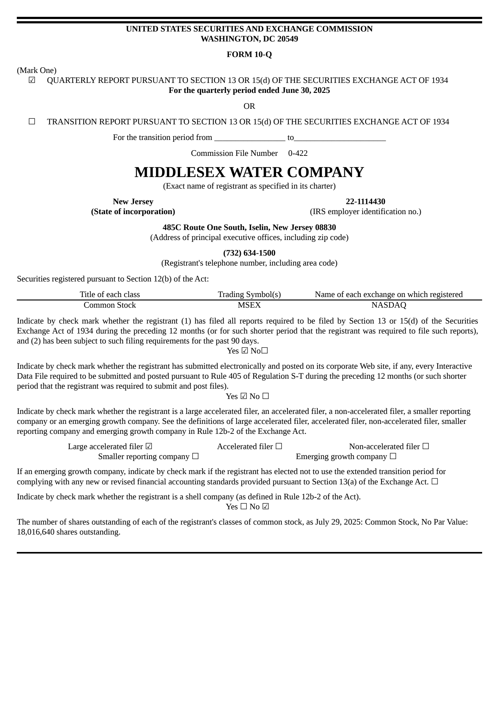 Middlesex Water's Q2 2025 Quarterly report