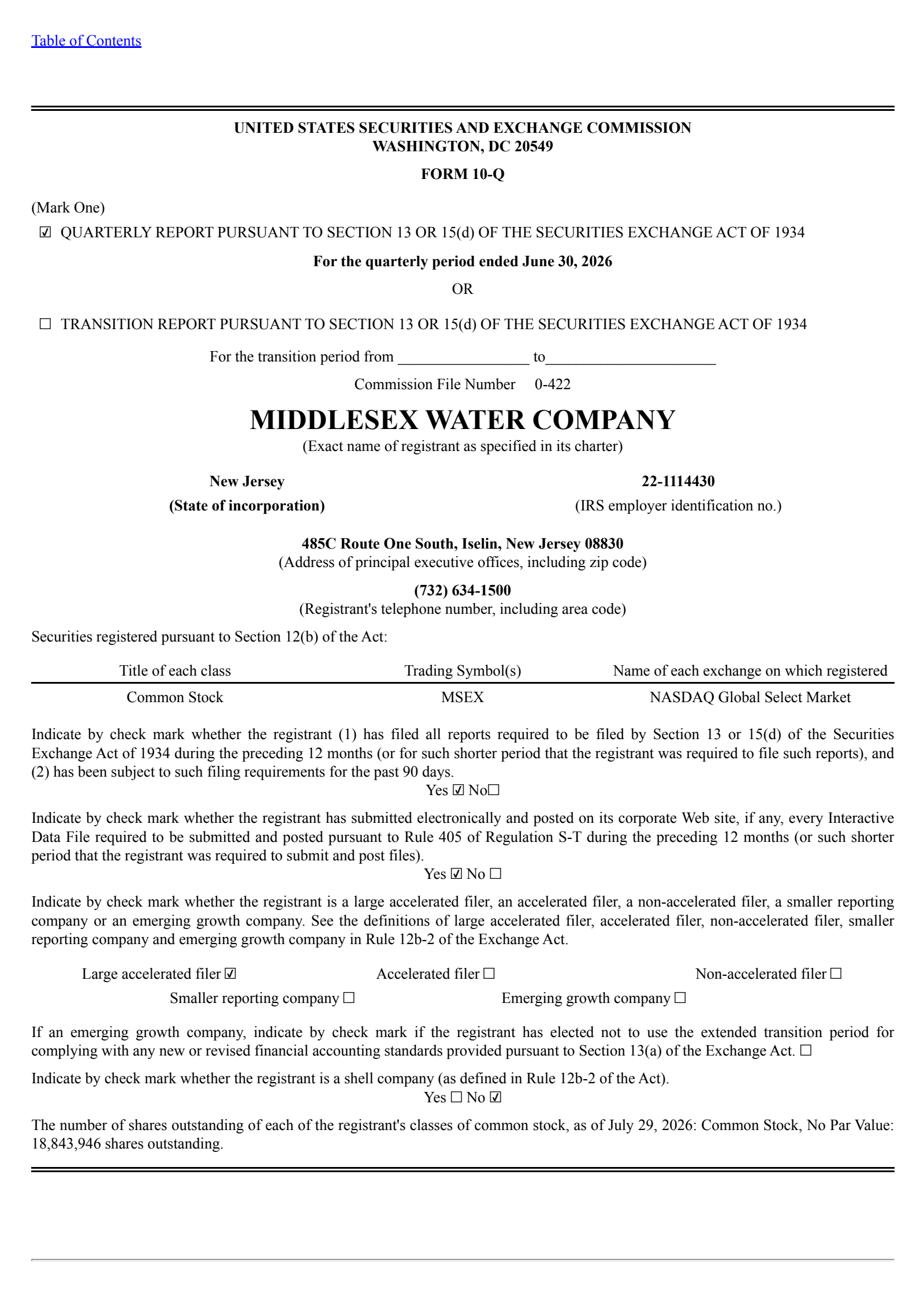 Middlesex Water's Q2 2026 Quarterly report