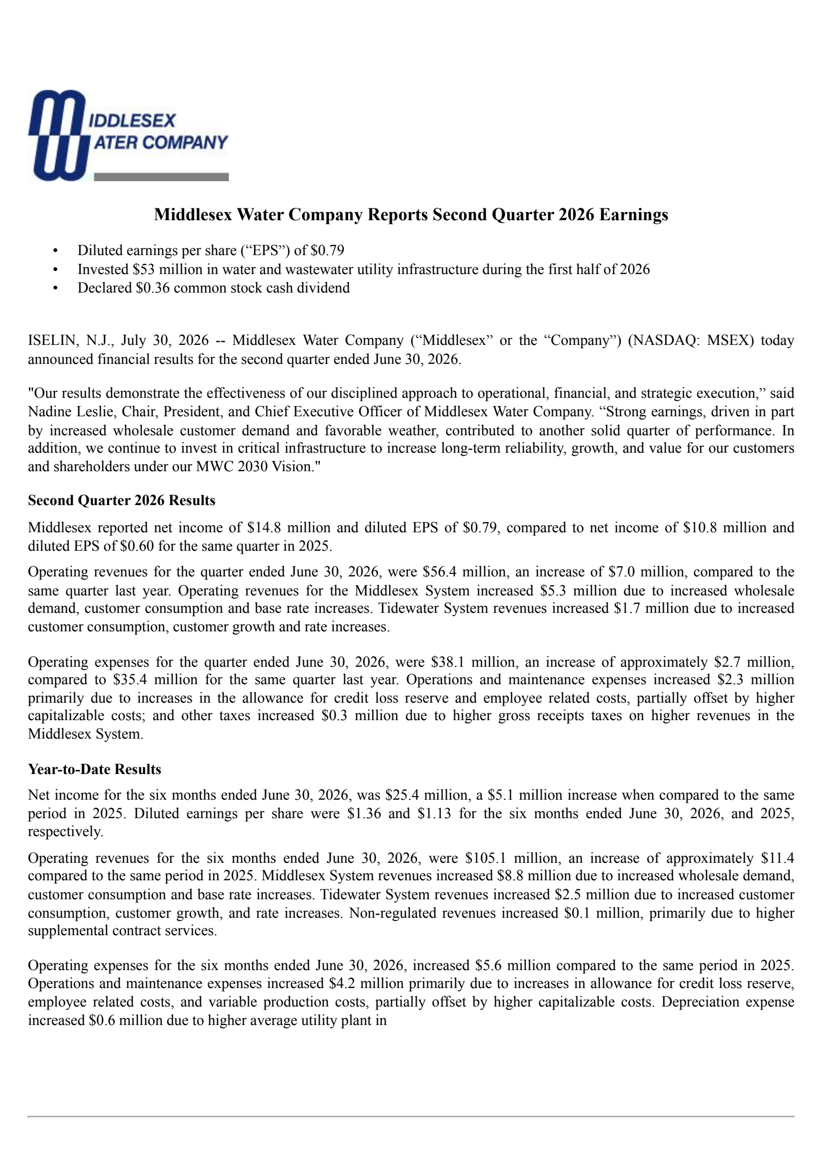 Middlesex Water's Q2 2026 Press Release