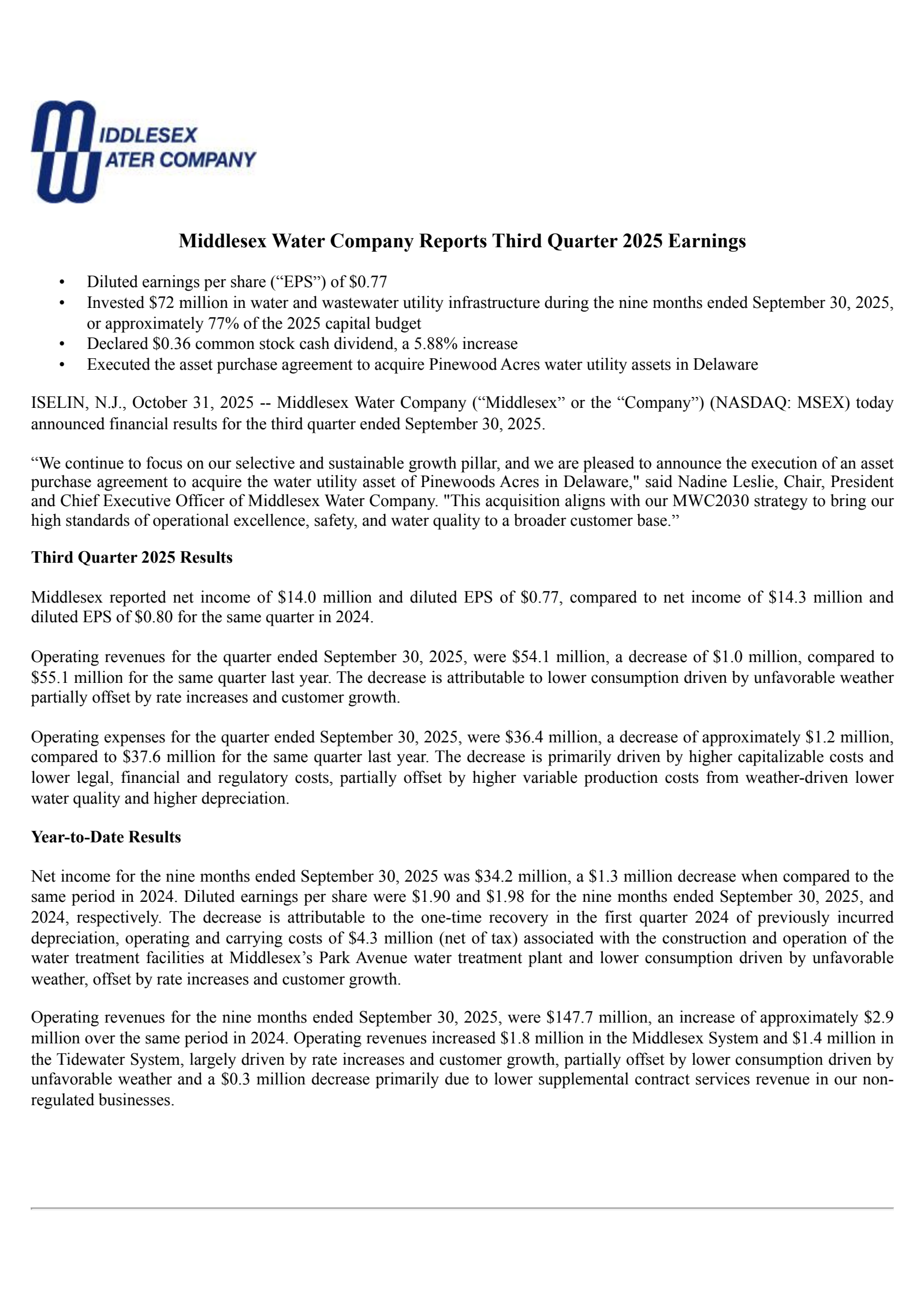 Middlesex Water's Q3 2025 Earnings Release