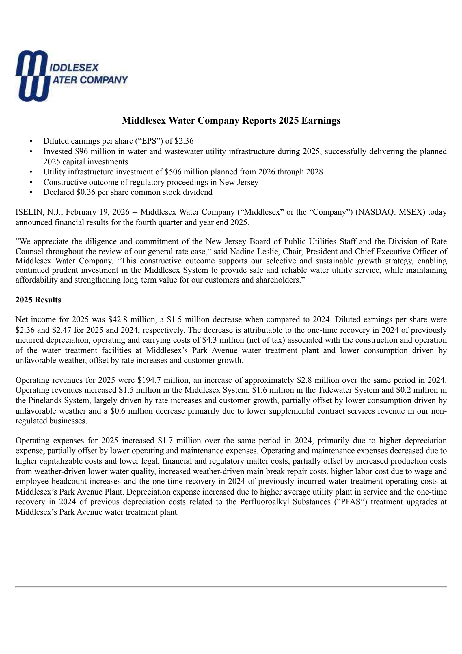 Middlesex Water's Q4 2025 Press Release