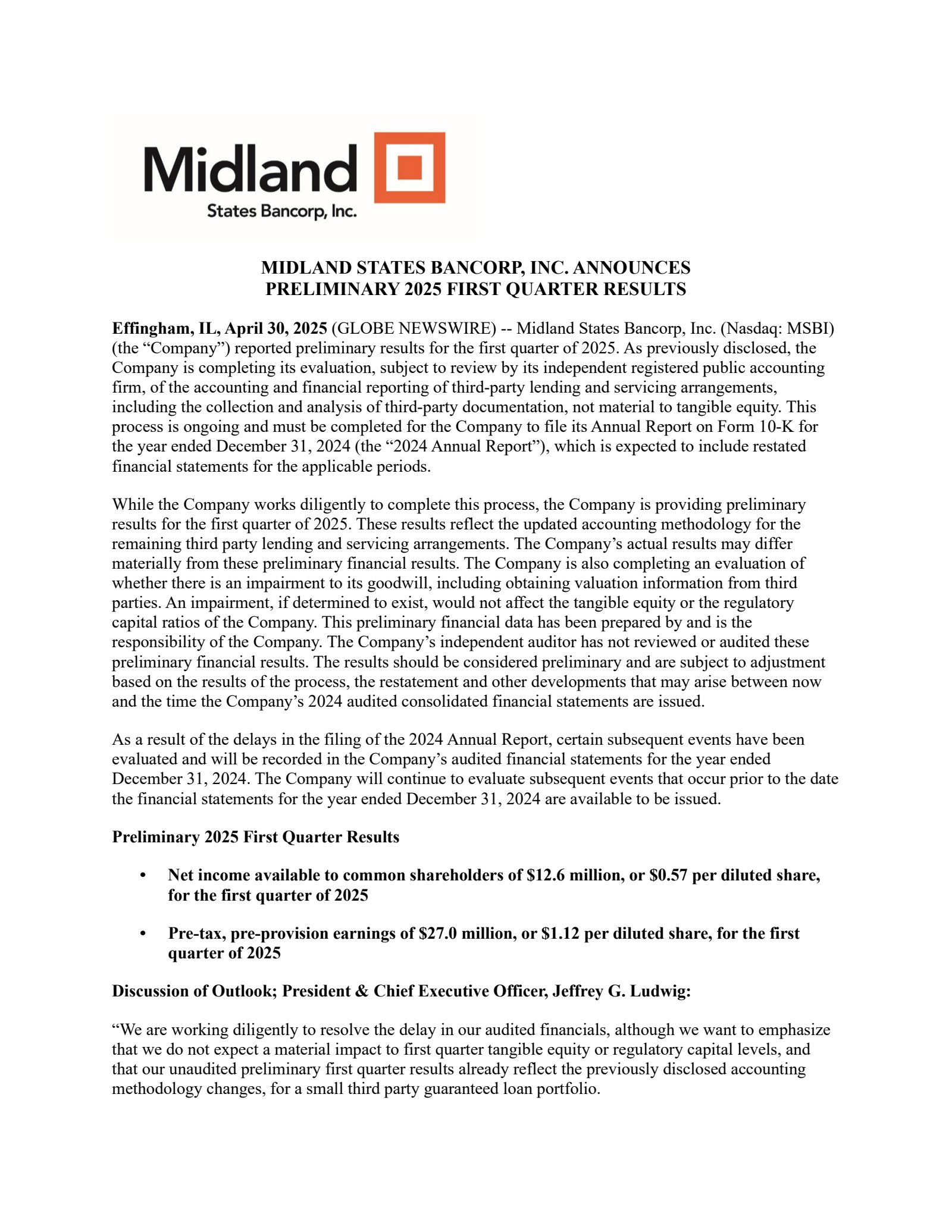 Midland States Bancorp's Q1 2025 Press Release