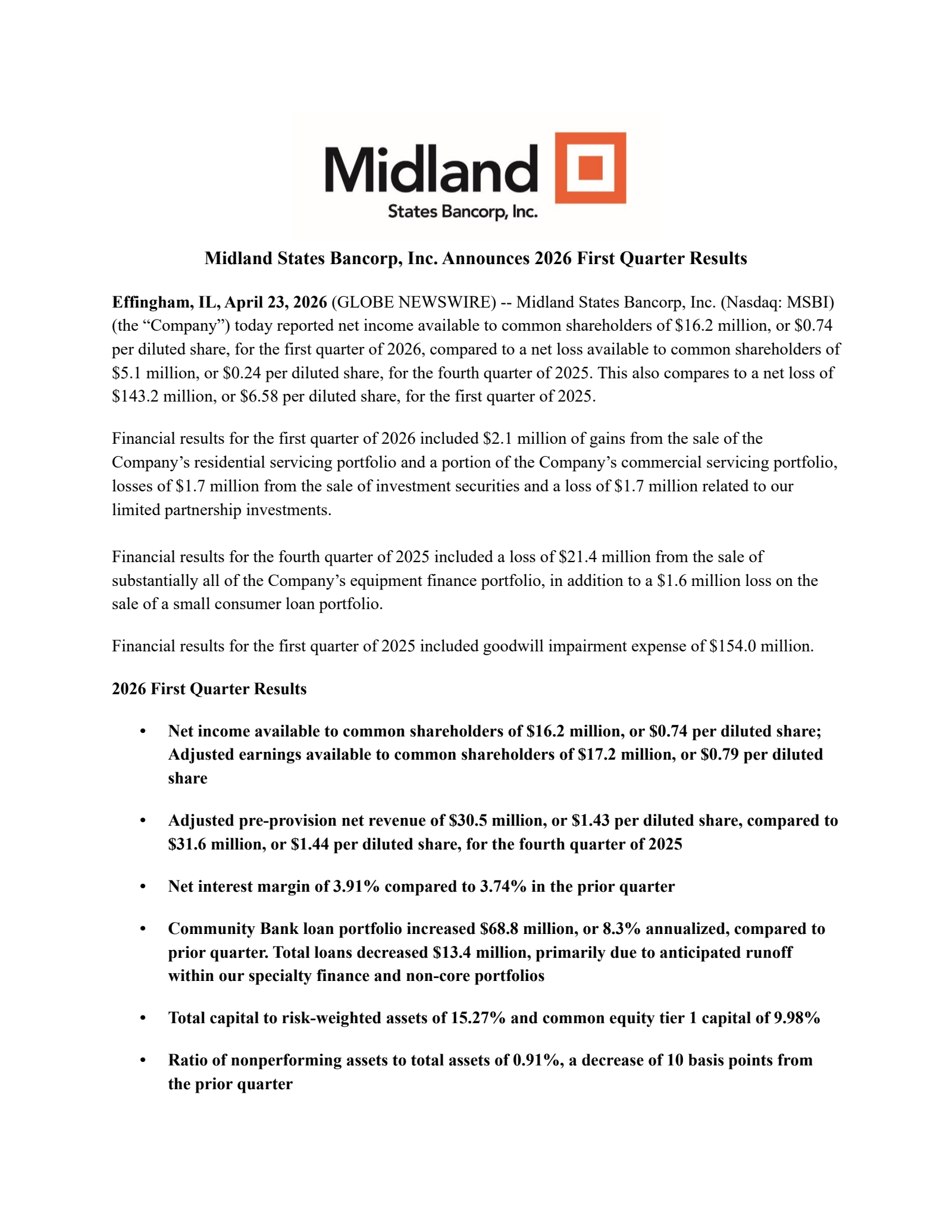 Midland States Bancorp's Q1 2026 Press Release