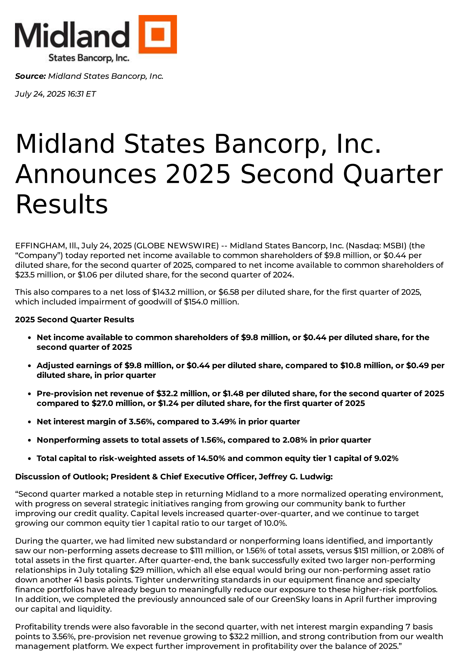 Midland States Bancorp's Q2 2025 Press Release