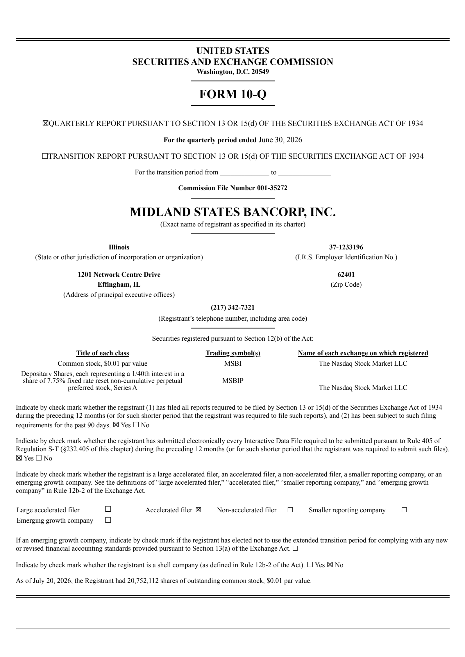Midland States Bancorp's Q2 2026 Quarterly report