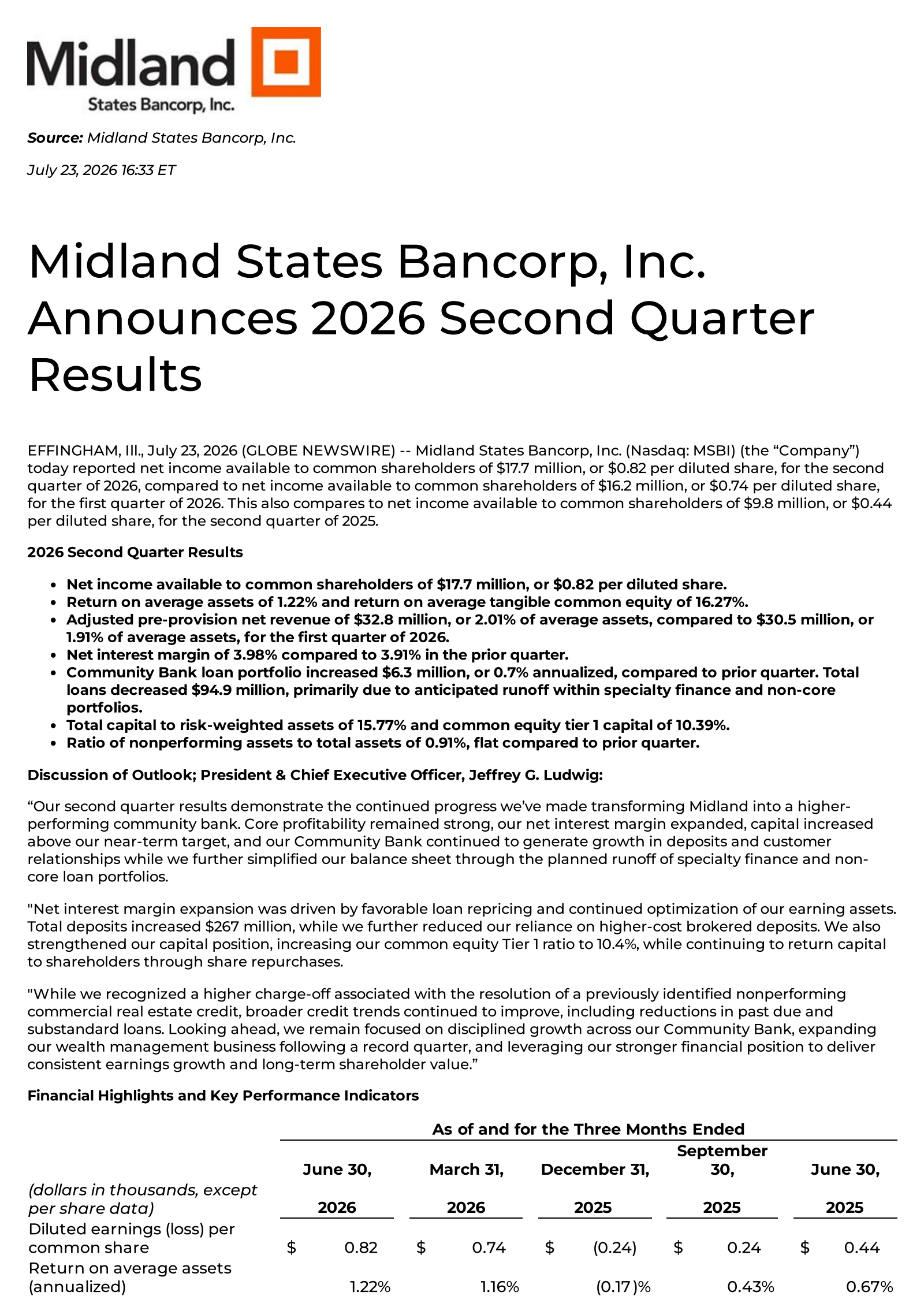 Midland States Bancorp's Q2 2026 Press Release