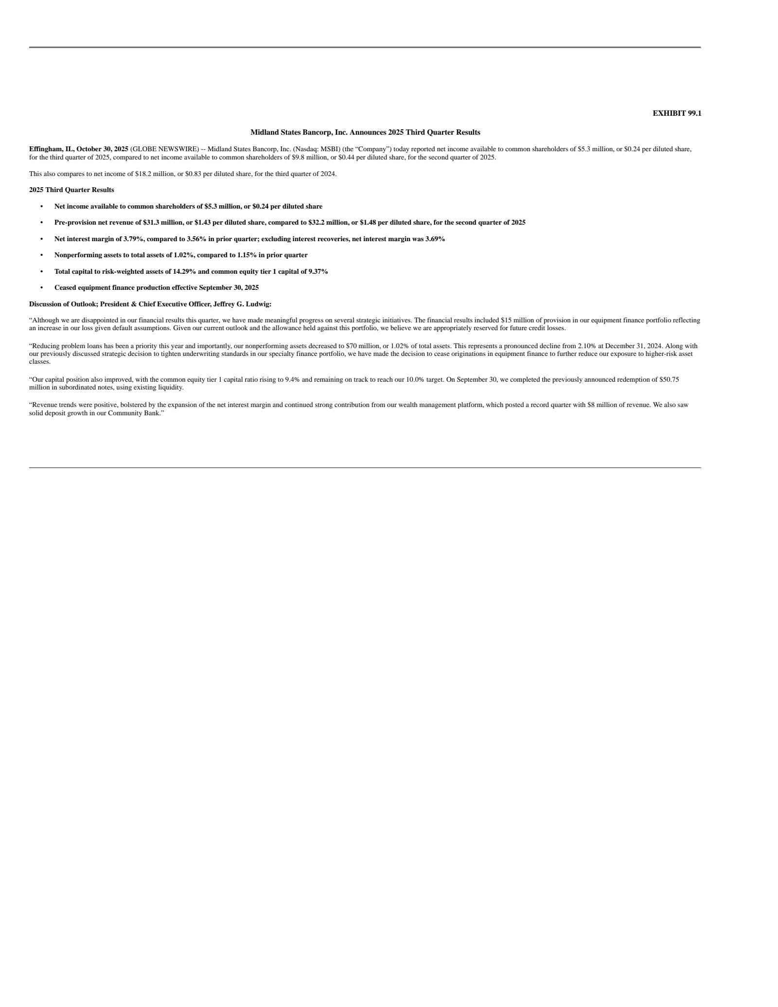 Midland States Bancorp's Q3 2025 Earnings Release