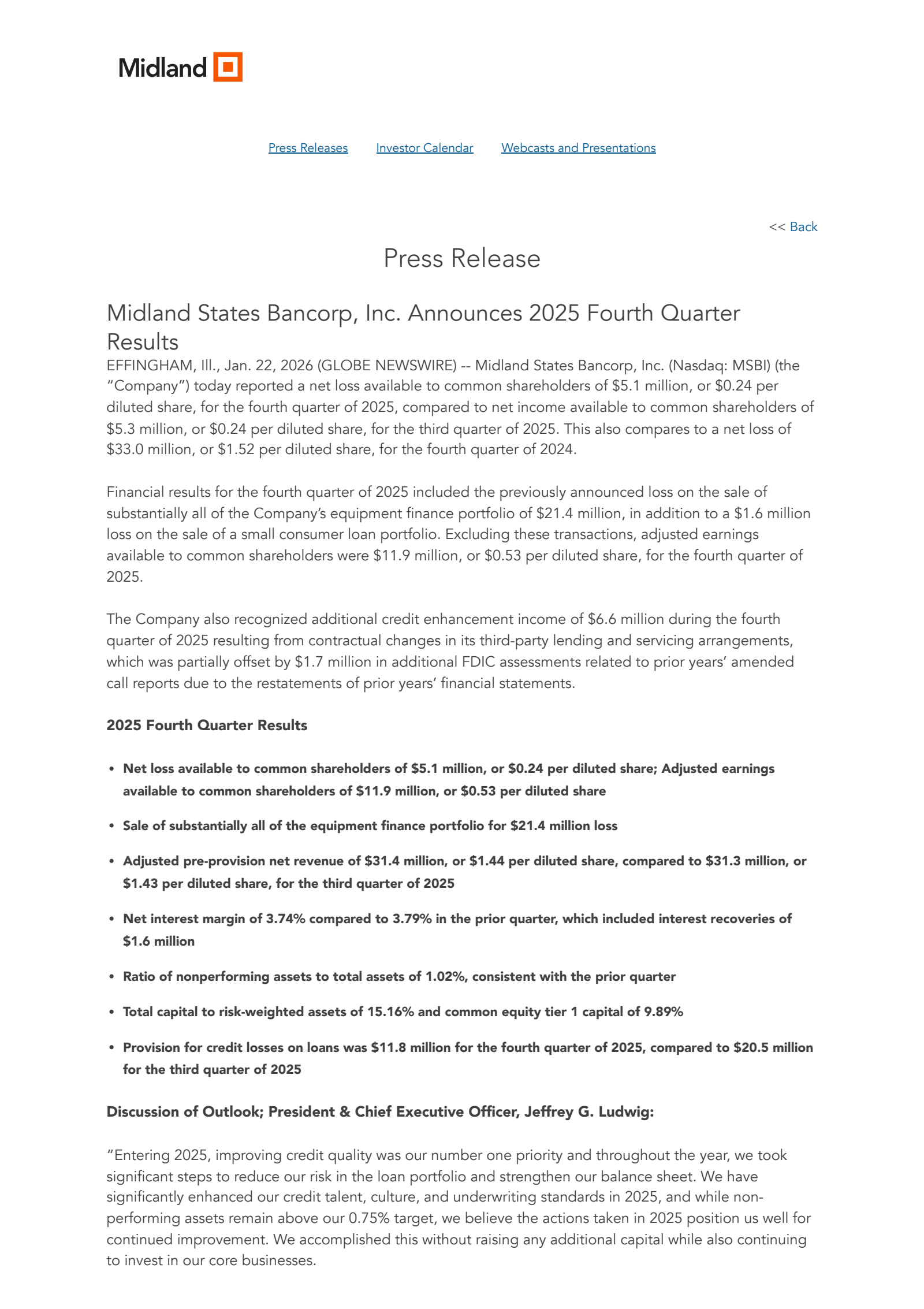 Midland States Bancorp's Q4 2025 Press Release