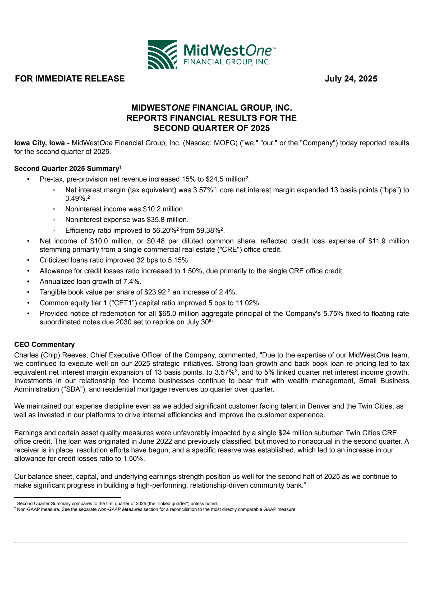 MidWestOne Financial Group's Q2 2025 Press Release