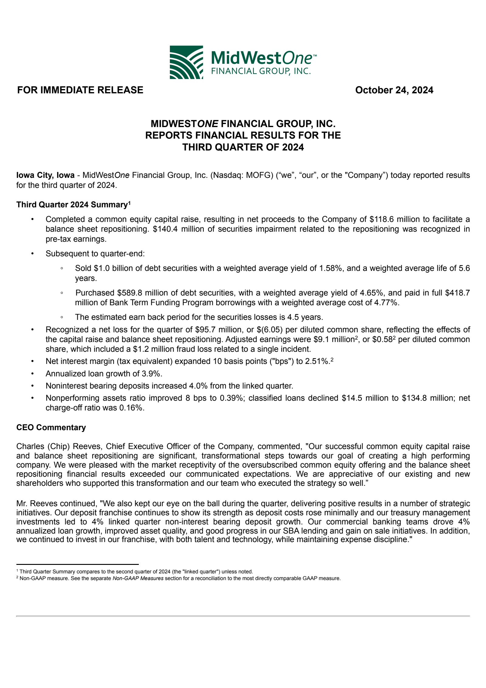 MidWestOne Financial Group's Q3 2024 Press Release