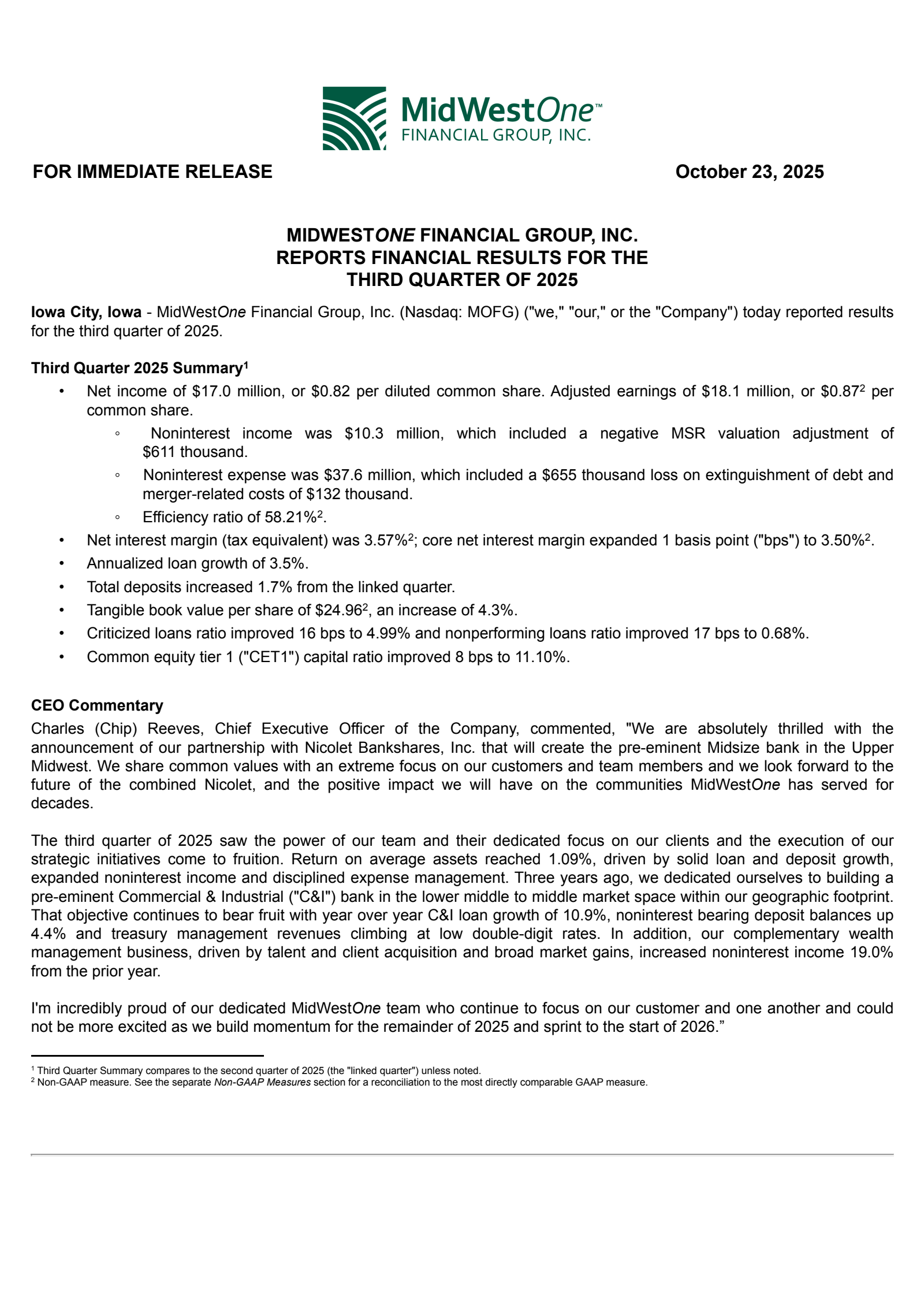 MidWestOne Financial Group's Q3 2025 Earnings Release