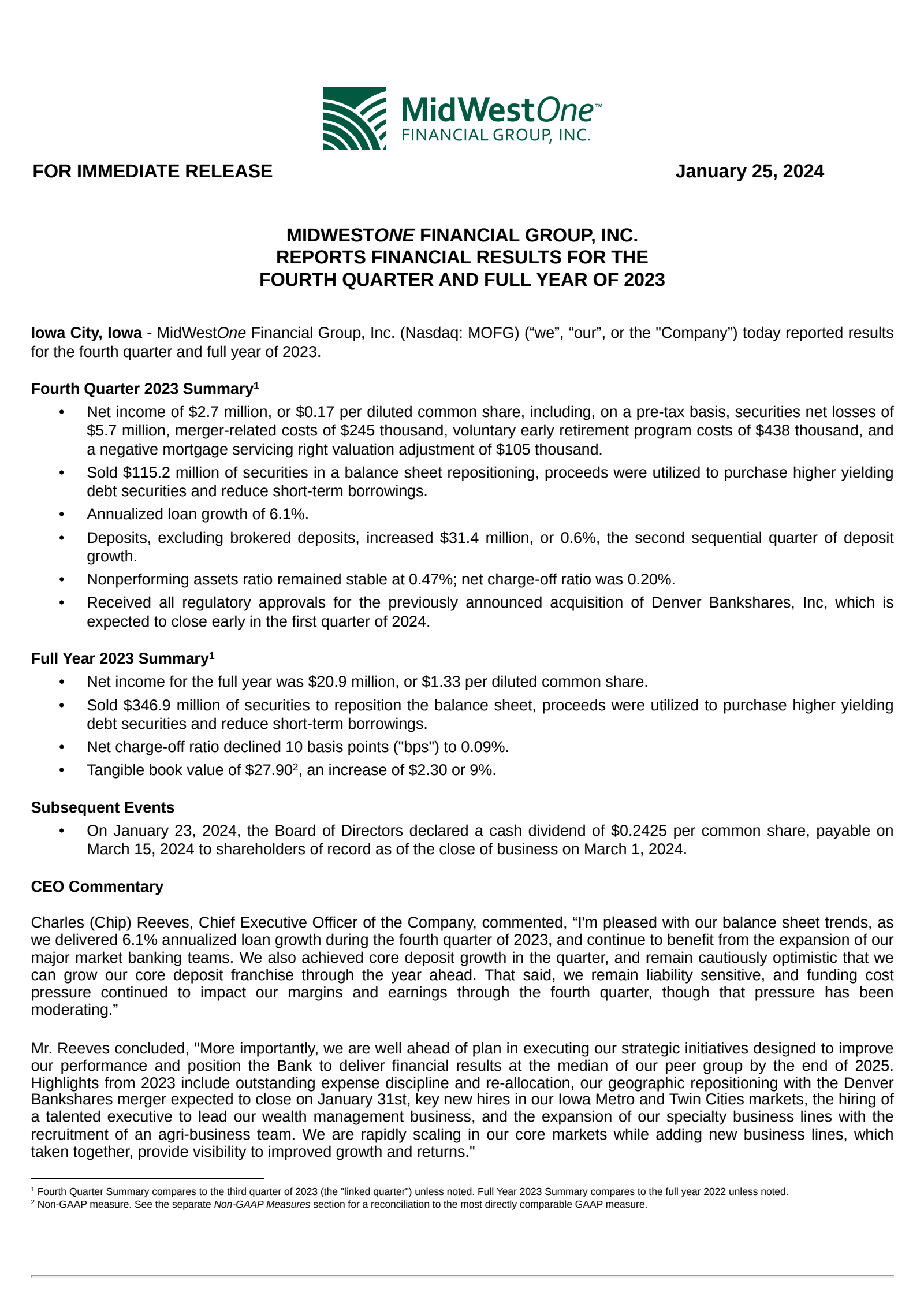 MidWestOne Financial Group's Q4 2023 Press Release