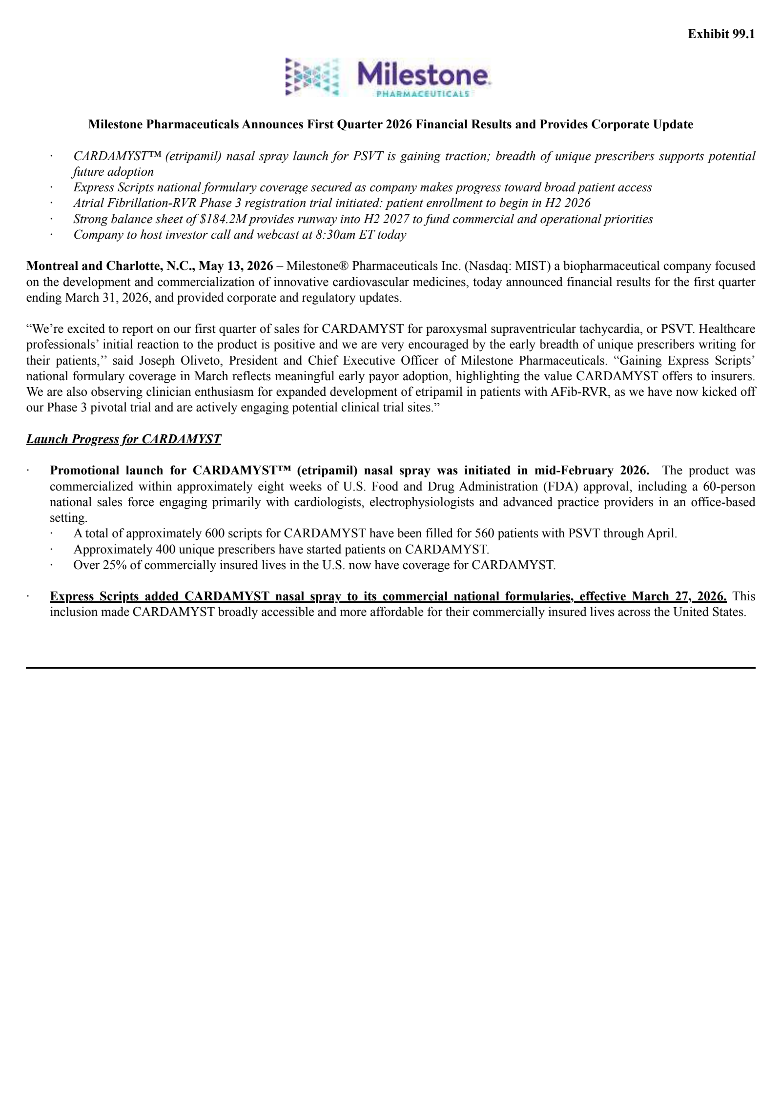 Milestone Pharmaceuticals' Q1 2026 Press Release