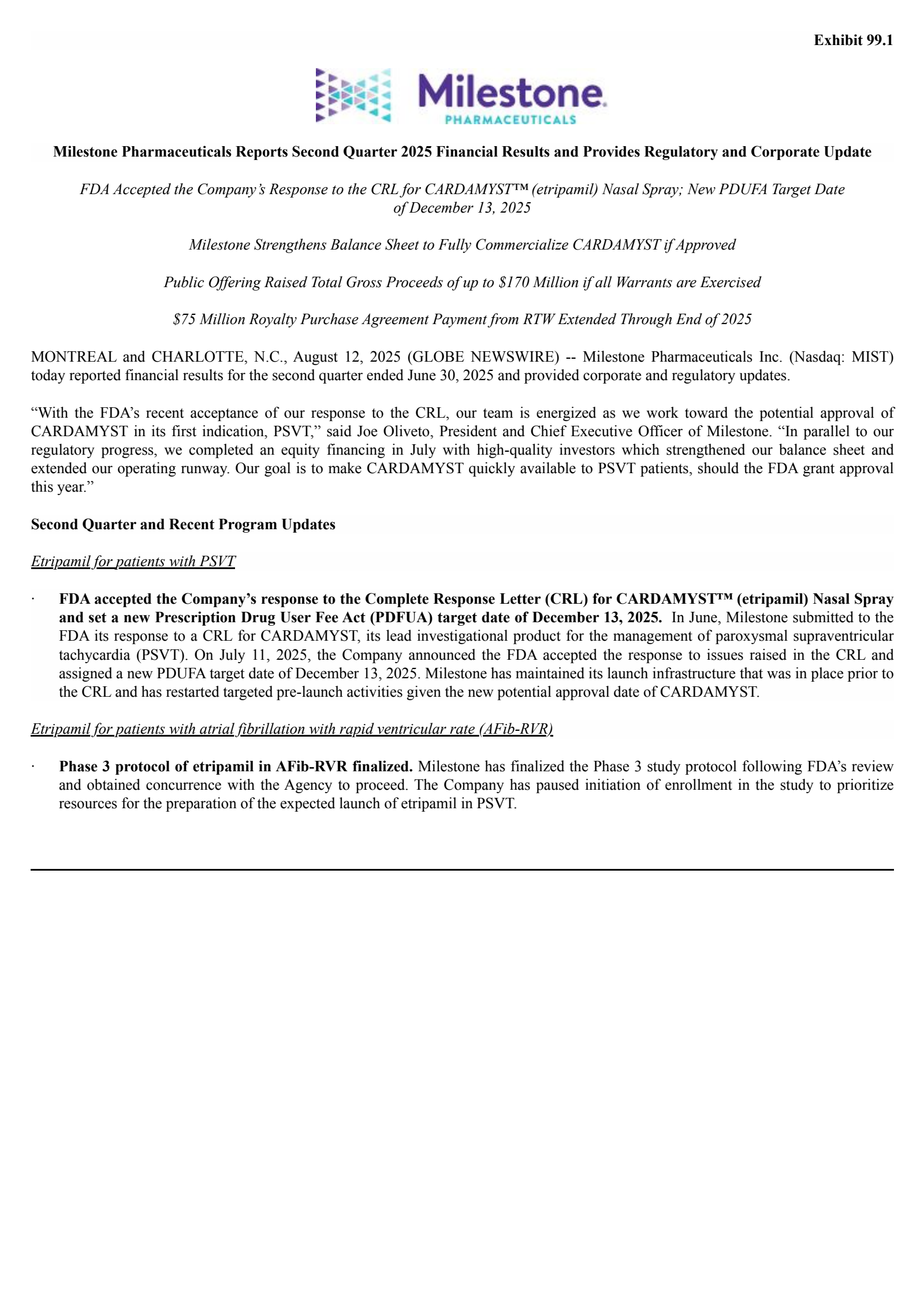 Milestone Pharmaceuticals' Q2 2025 Press Release