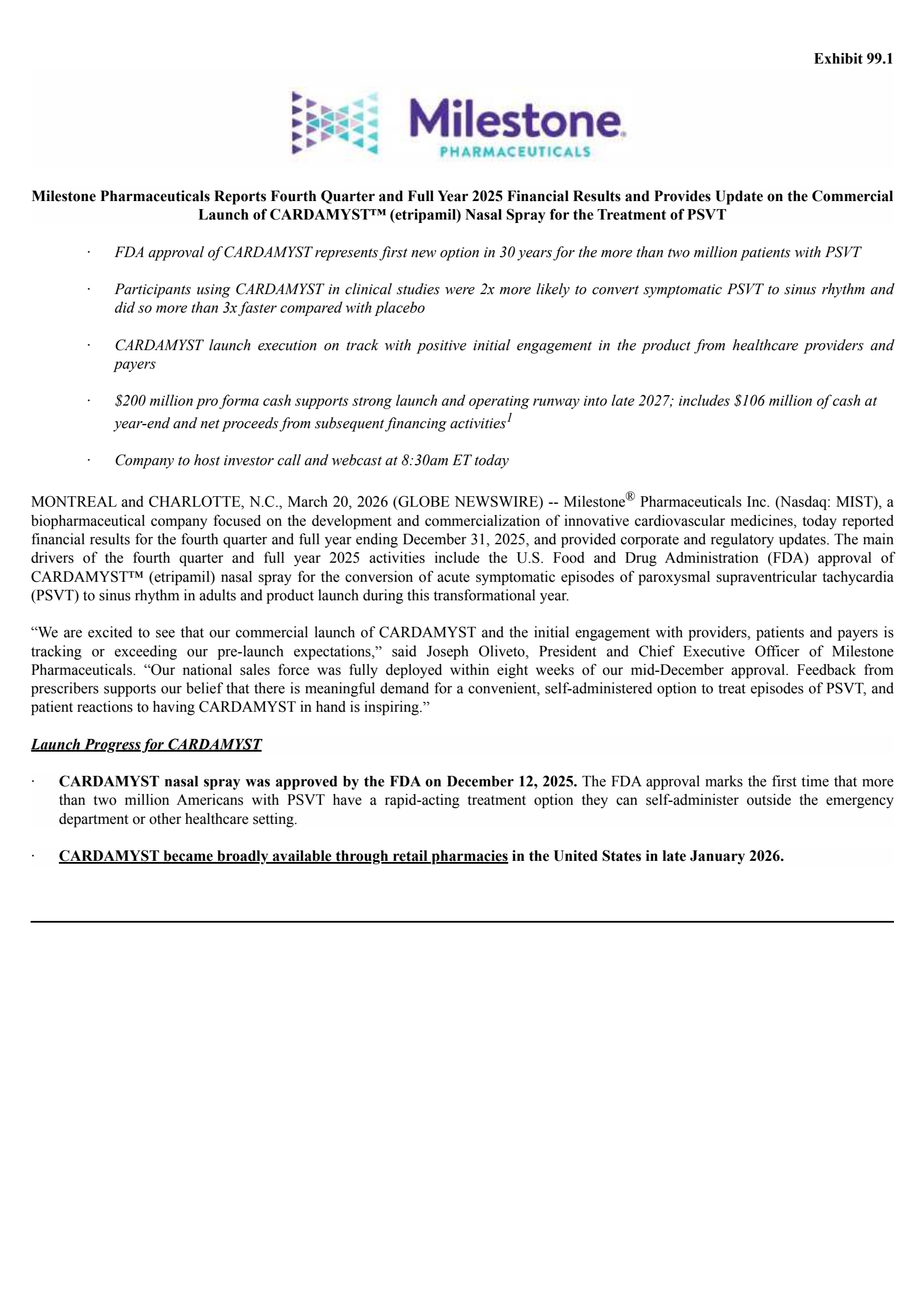 Milestone Pharmaceuticals' Q4 2025 Press Release