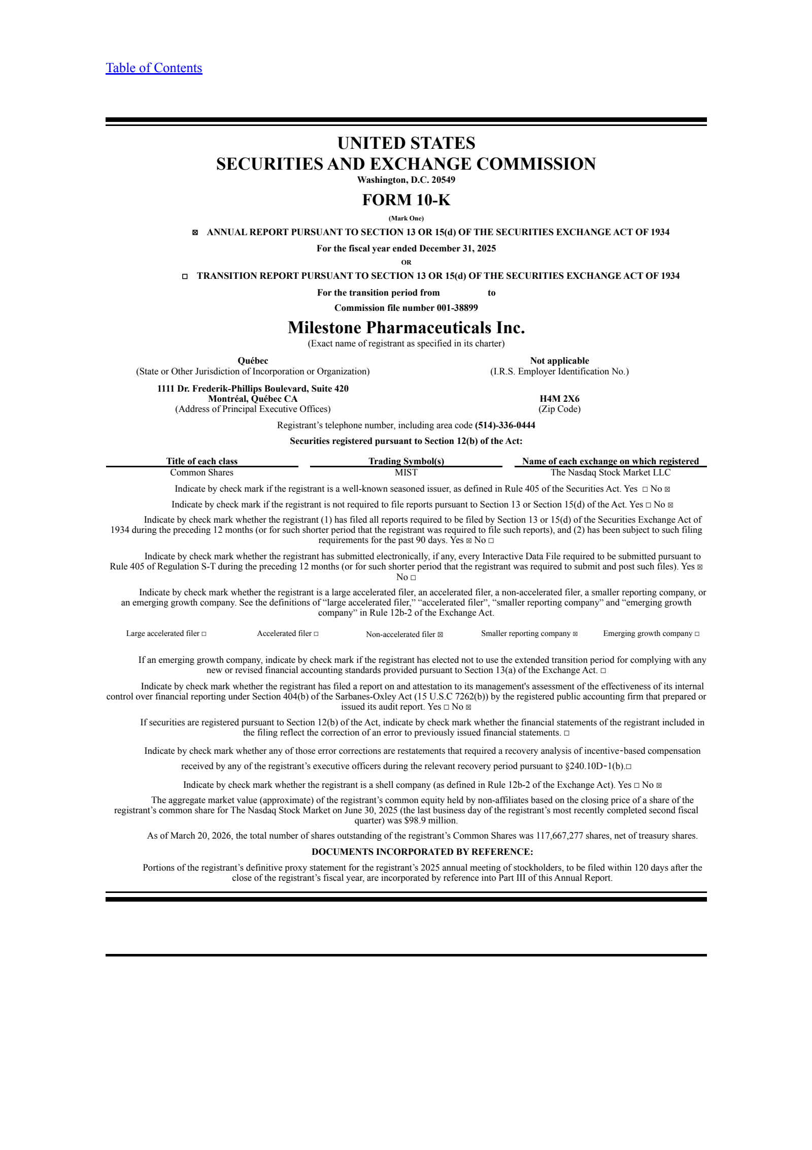 Milestone Pharmaceuticals' Q4 2025 Annual report
