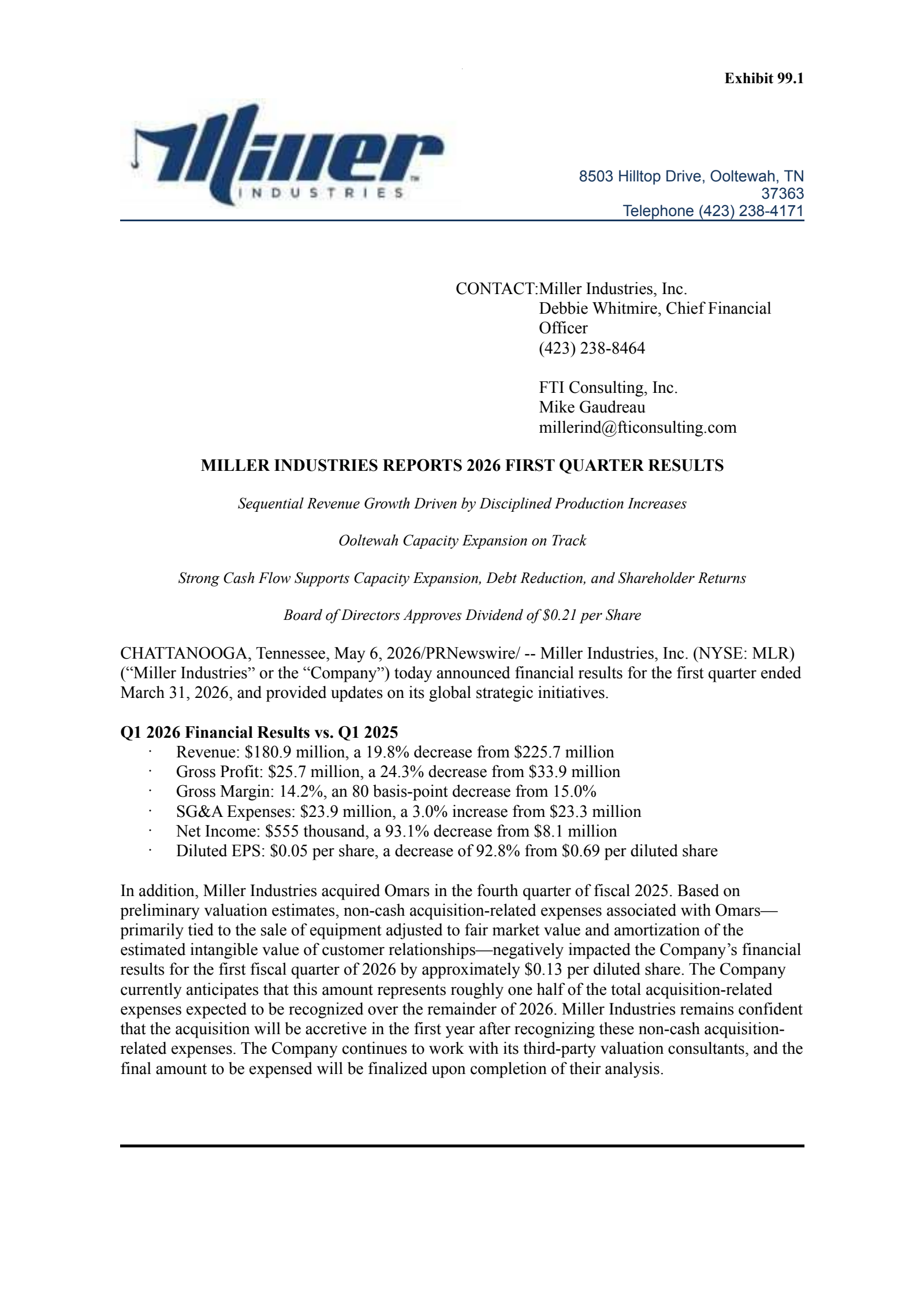 Miller Industries' Q1 2026 Press Release