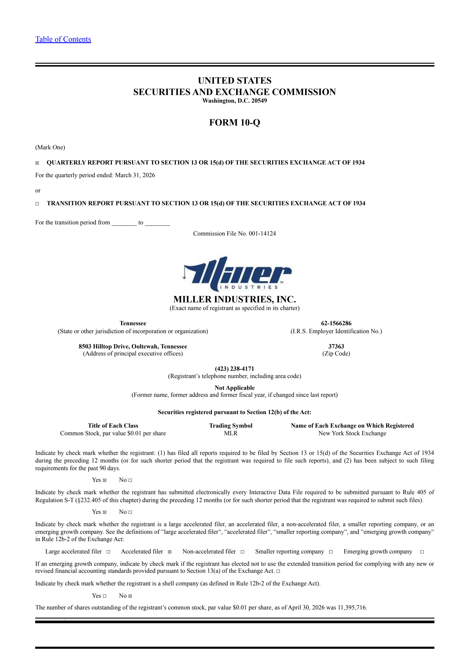 Miller Industries' Q1 2026 Quarterly report