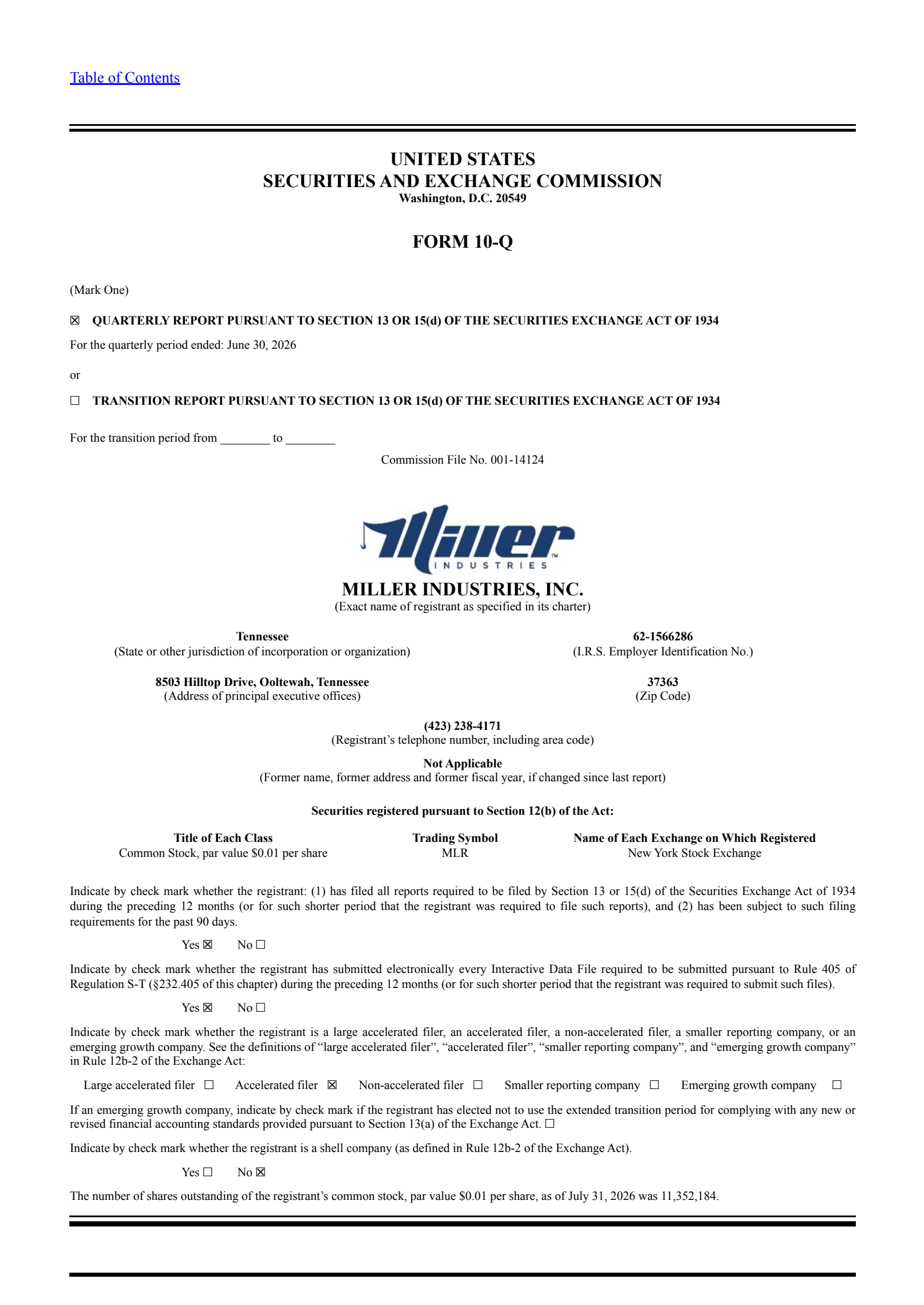 Miller Industries' Q2 2026 Quarterly report