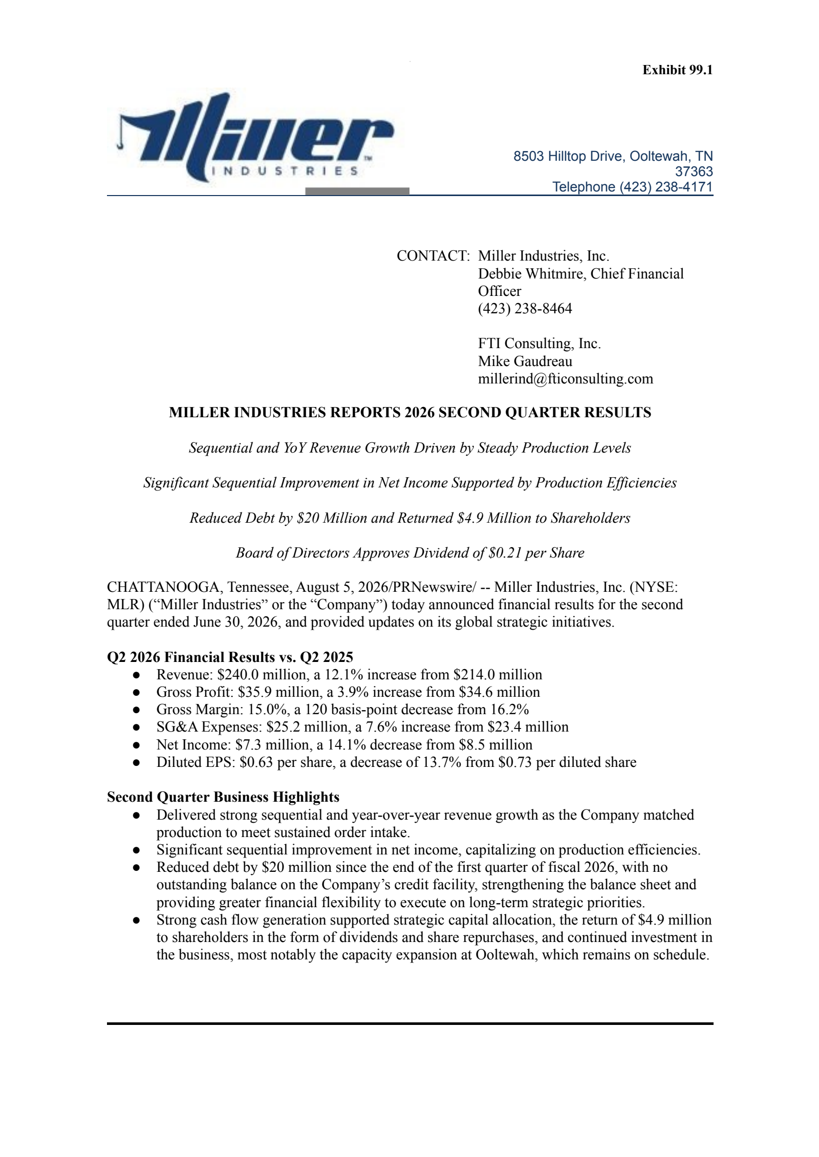 Miller Industries' Q2 2026 Press Release
