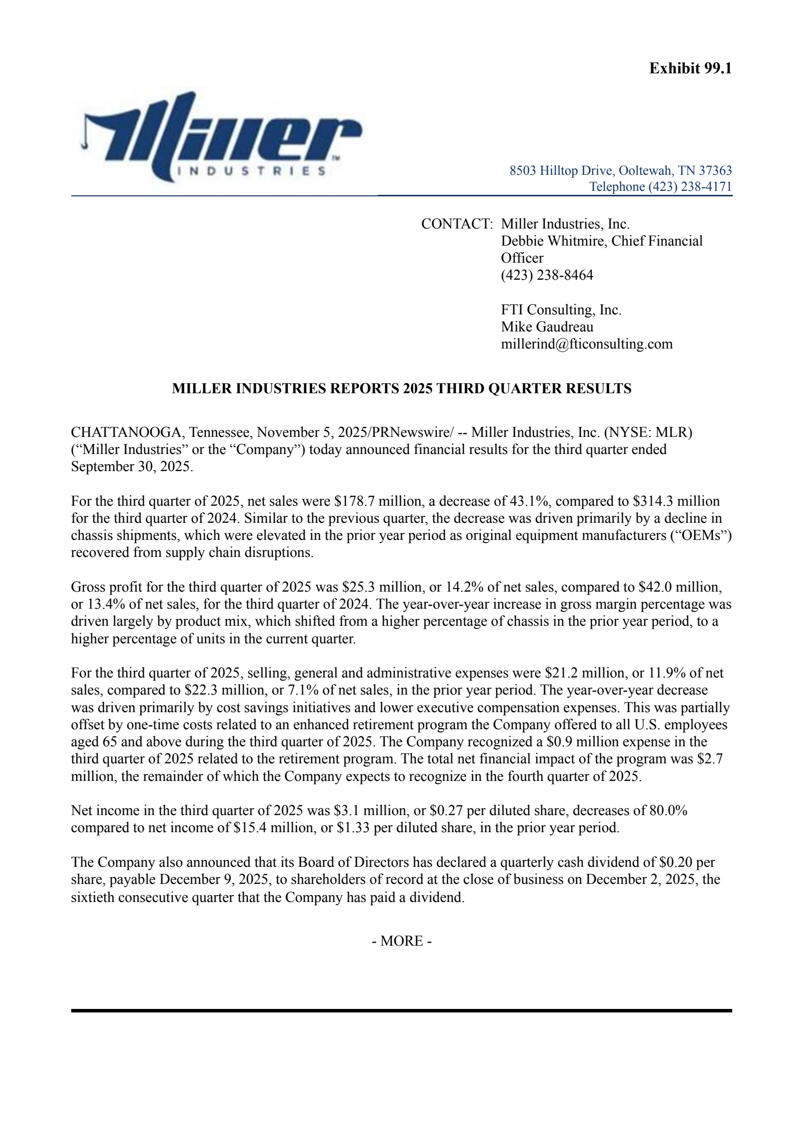 Miller Industries' Q3 2025 Earnings Release