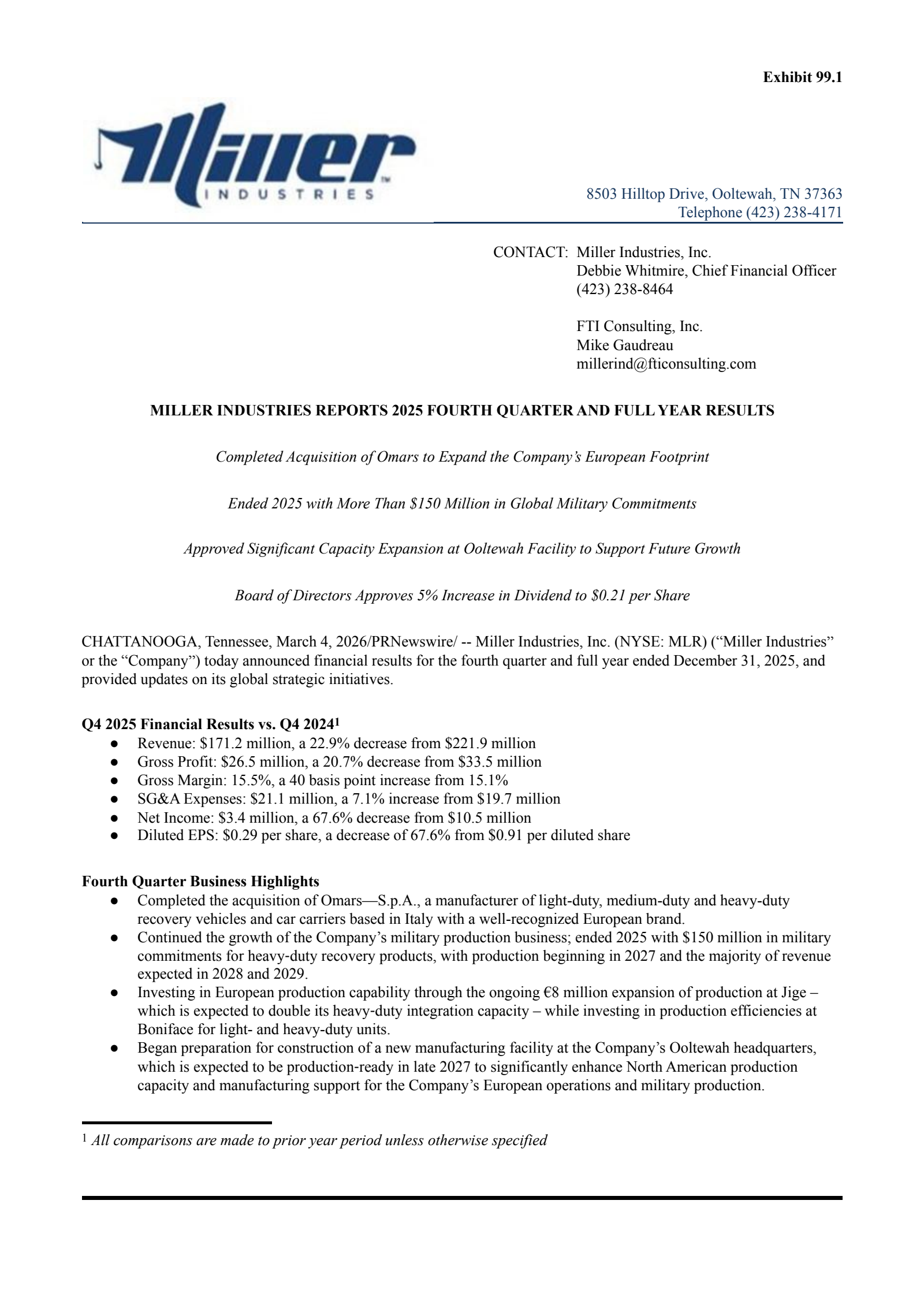 Miller Industries' Q4 2025 Press Release