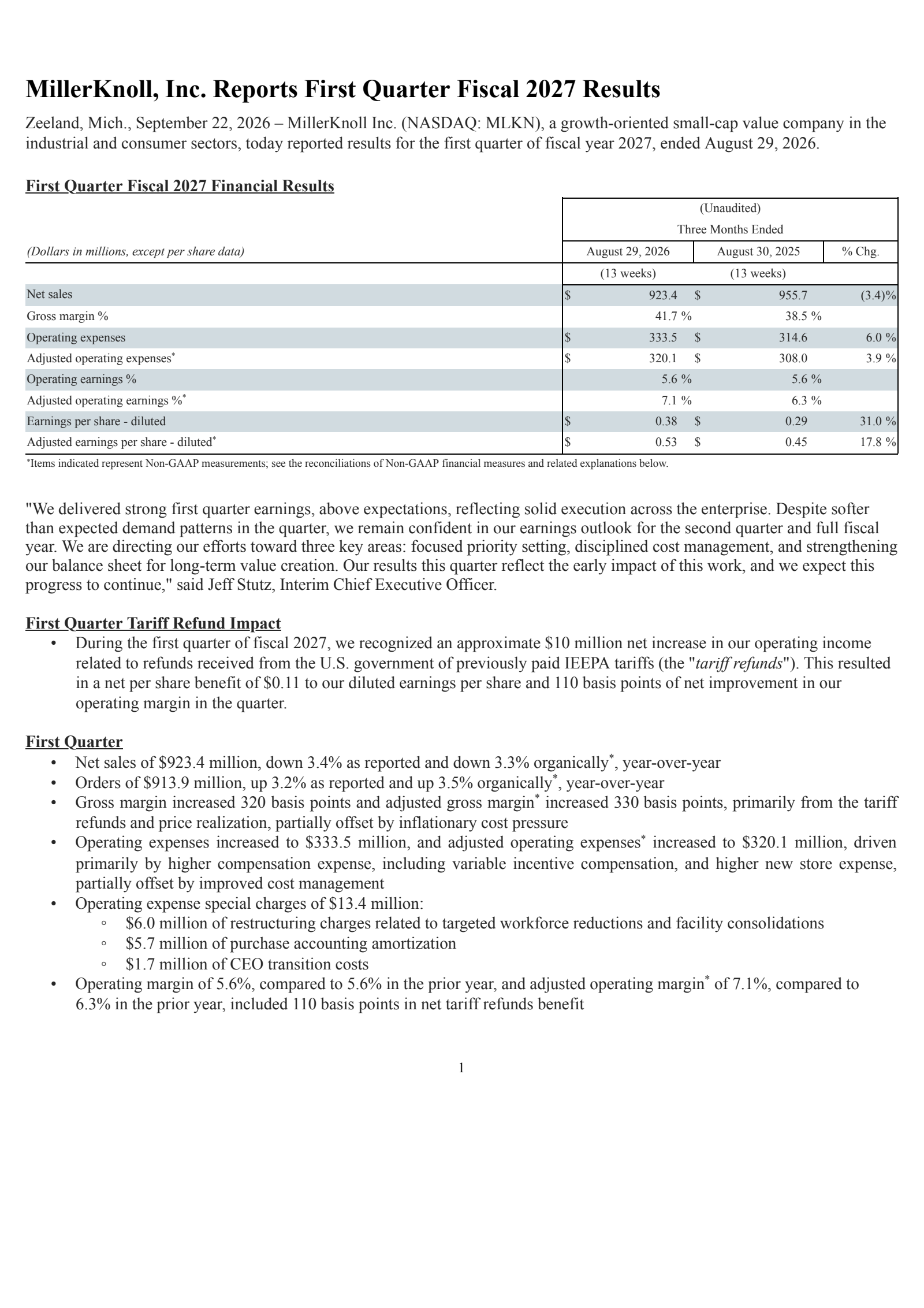 MillerKnoll's Q1 2027 Press Release