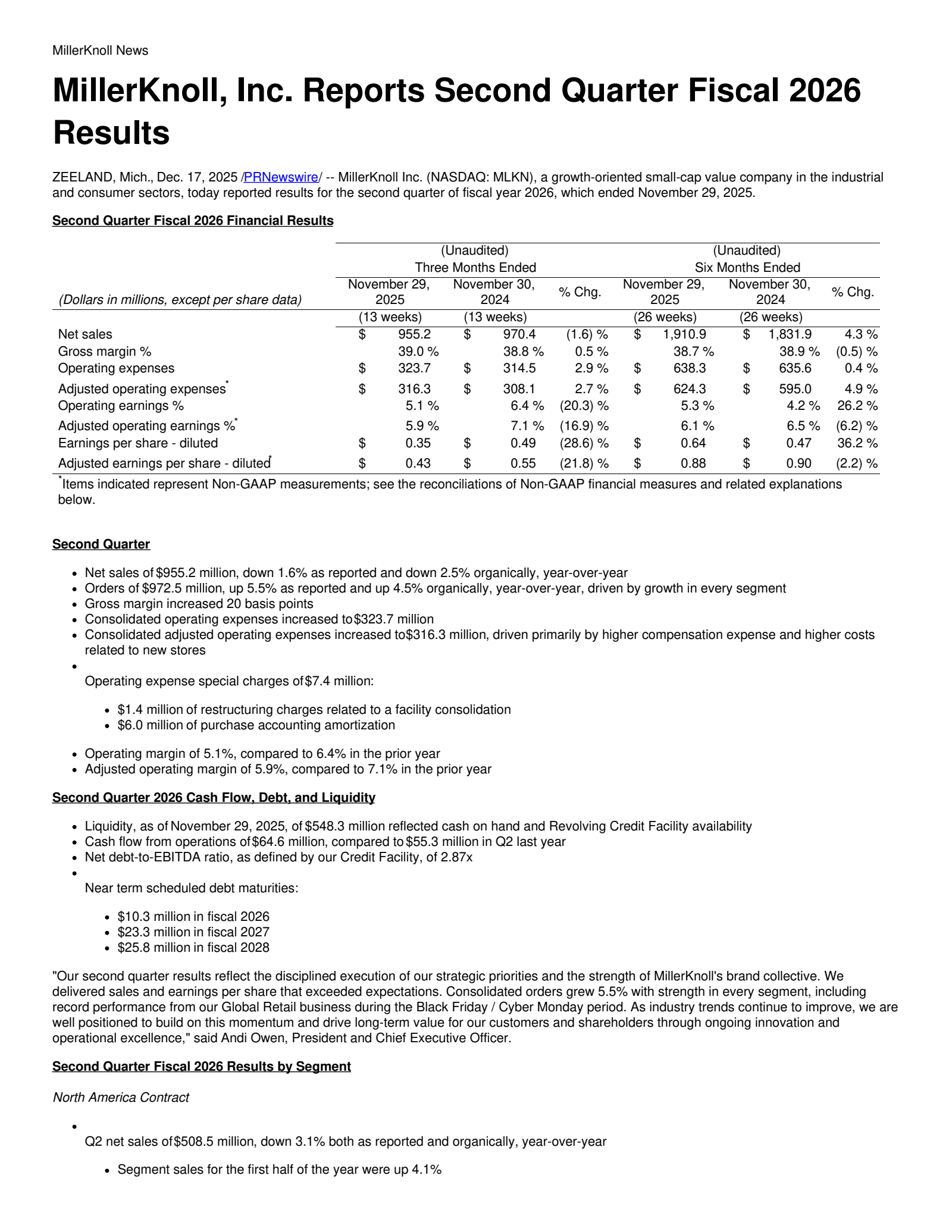 MillerKnoll's Q2 2026 Earnings Release