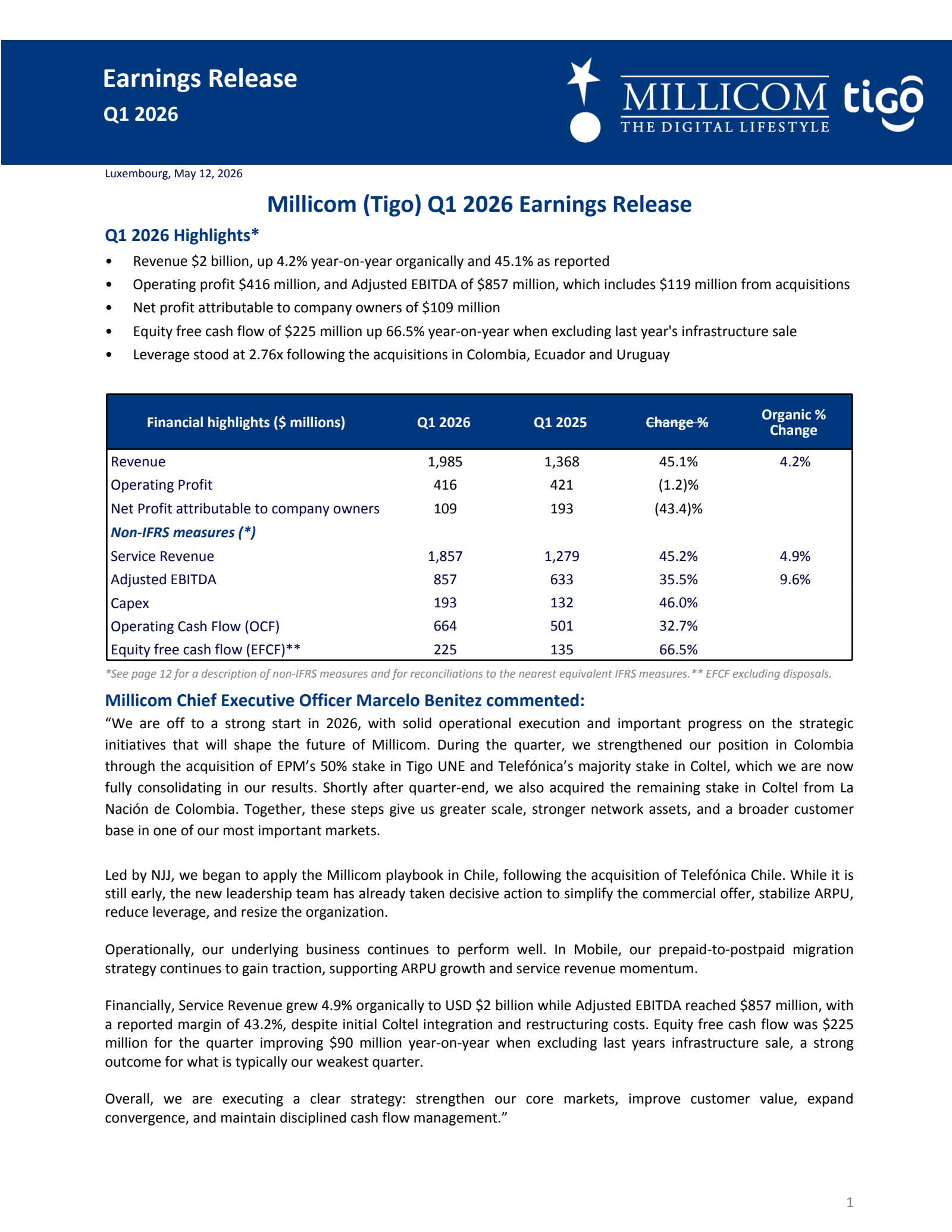 Millicom International Cellular's Q1 2026 Press Release
