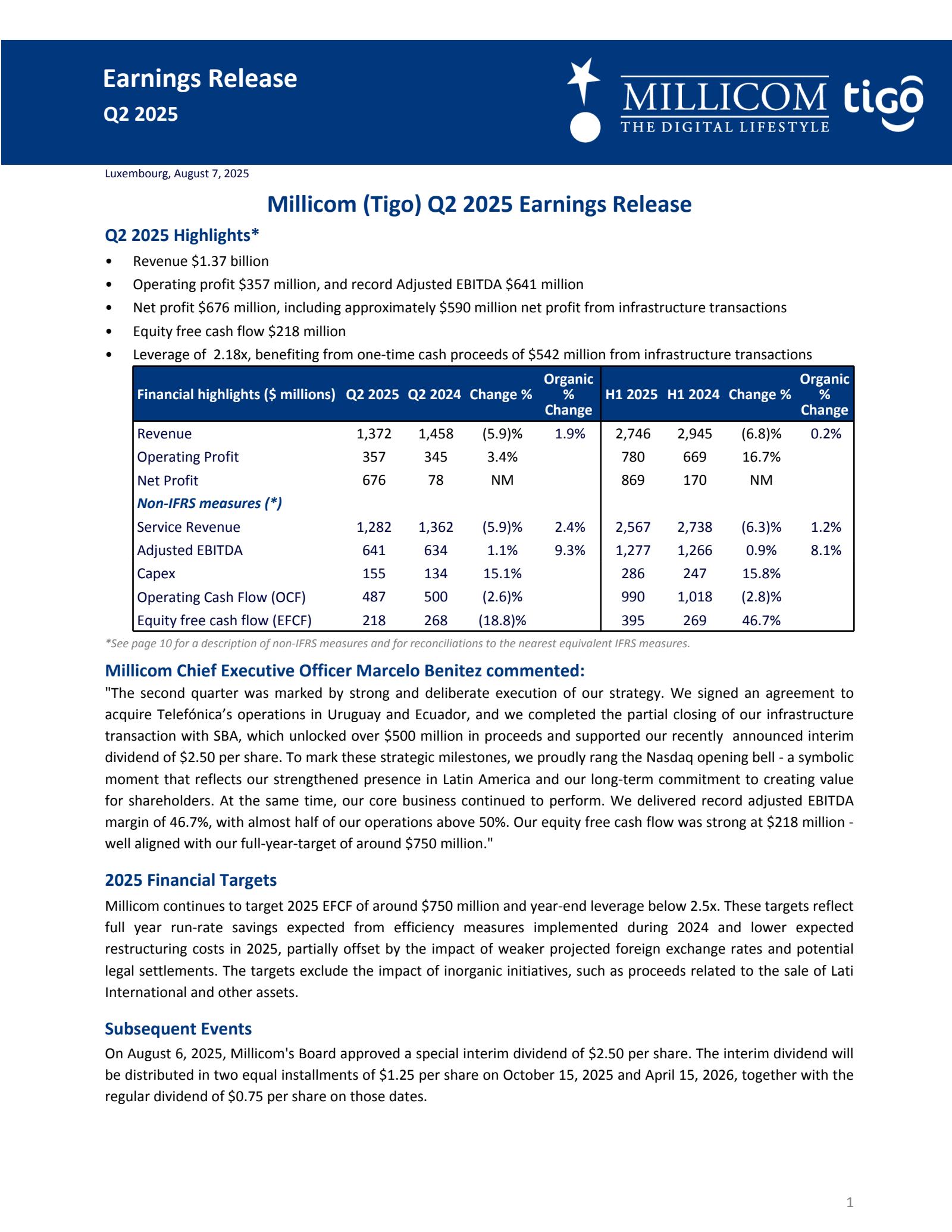 Millicom International Cellular's Q2 2025 Press Release