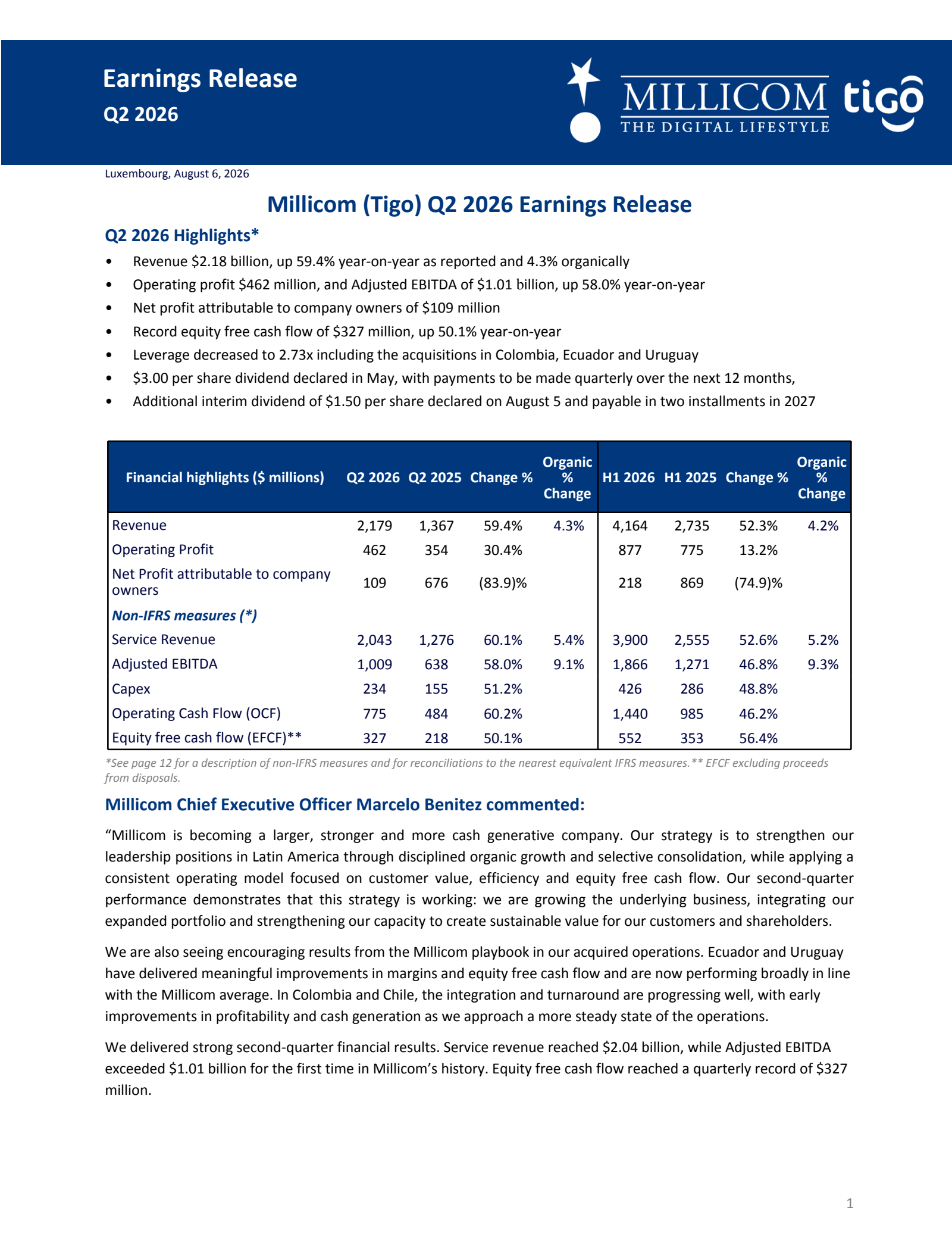 Millicom International Cellular's Q2 2026 Press Release