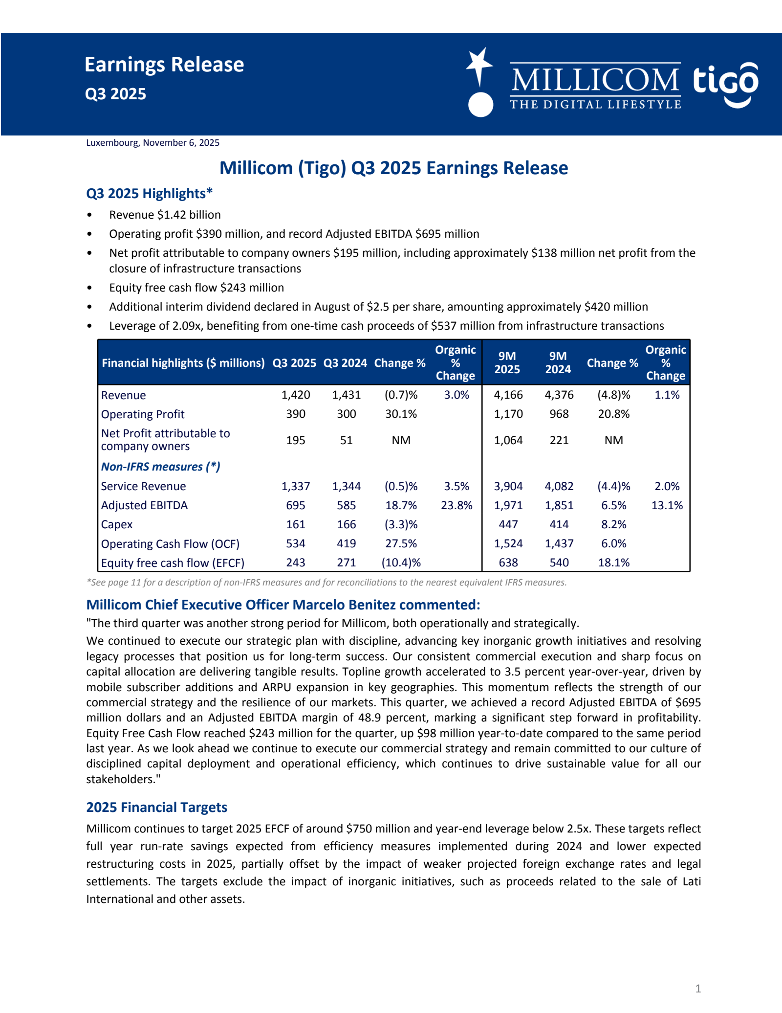 Millicom International Cellular's Q3 2025 Earnings Release