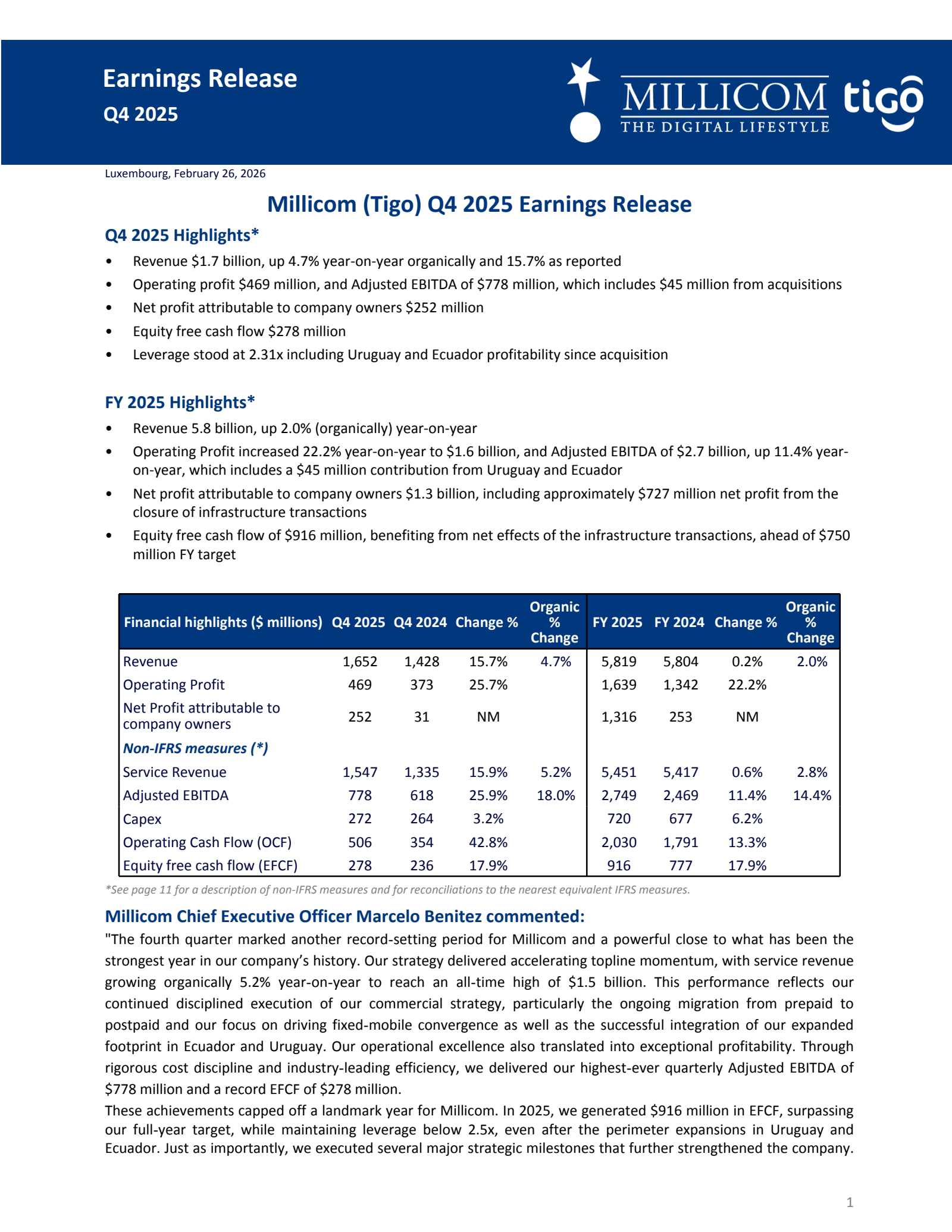 Millicom International Cellular's Q4 2025 Press Release