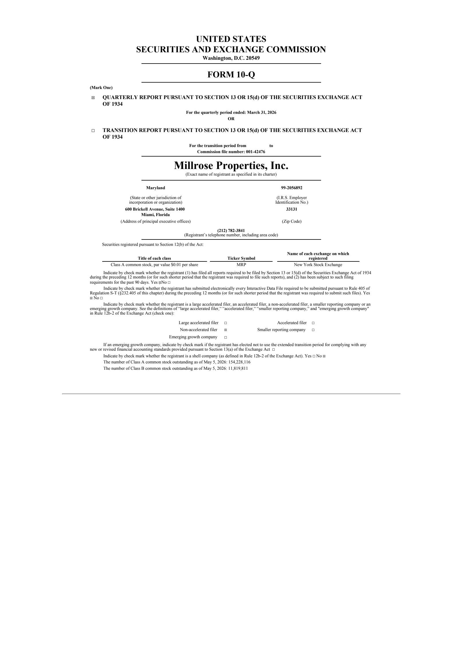 Millrose Properties' Q1 2026 Quarterly report