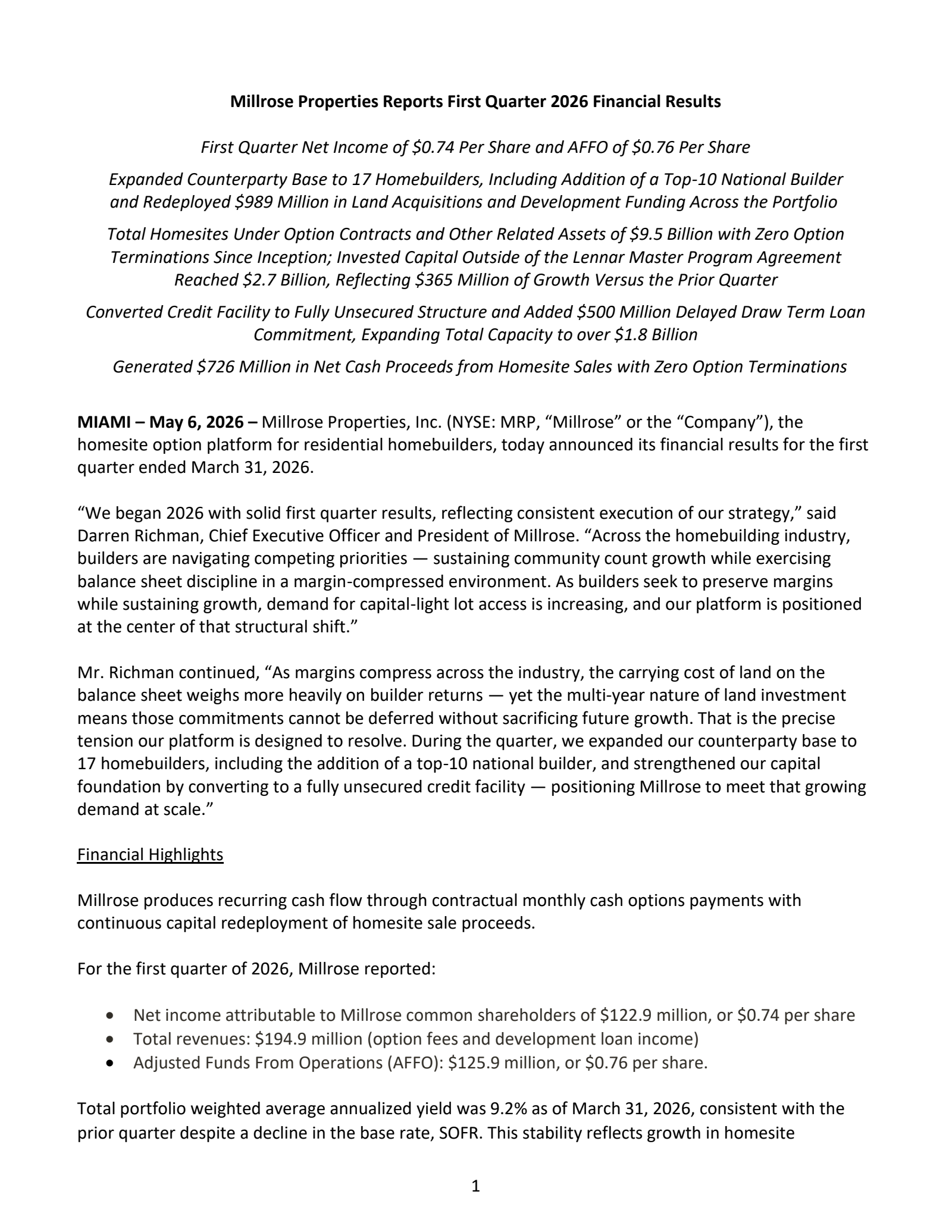 Millrose Properties' Q1 2026 Press Release