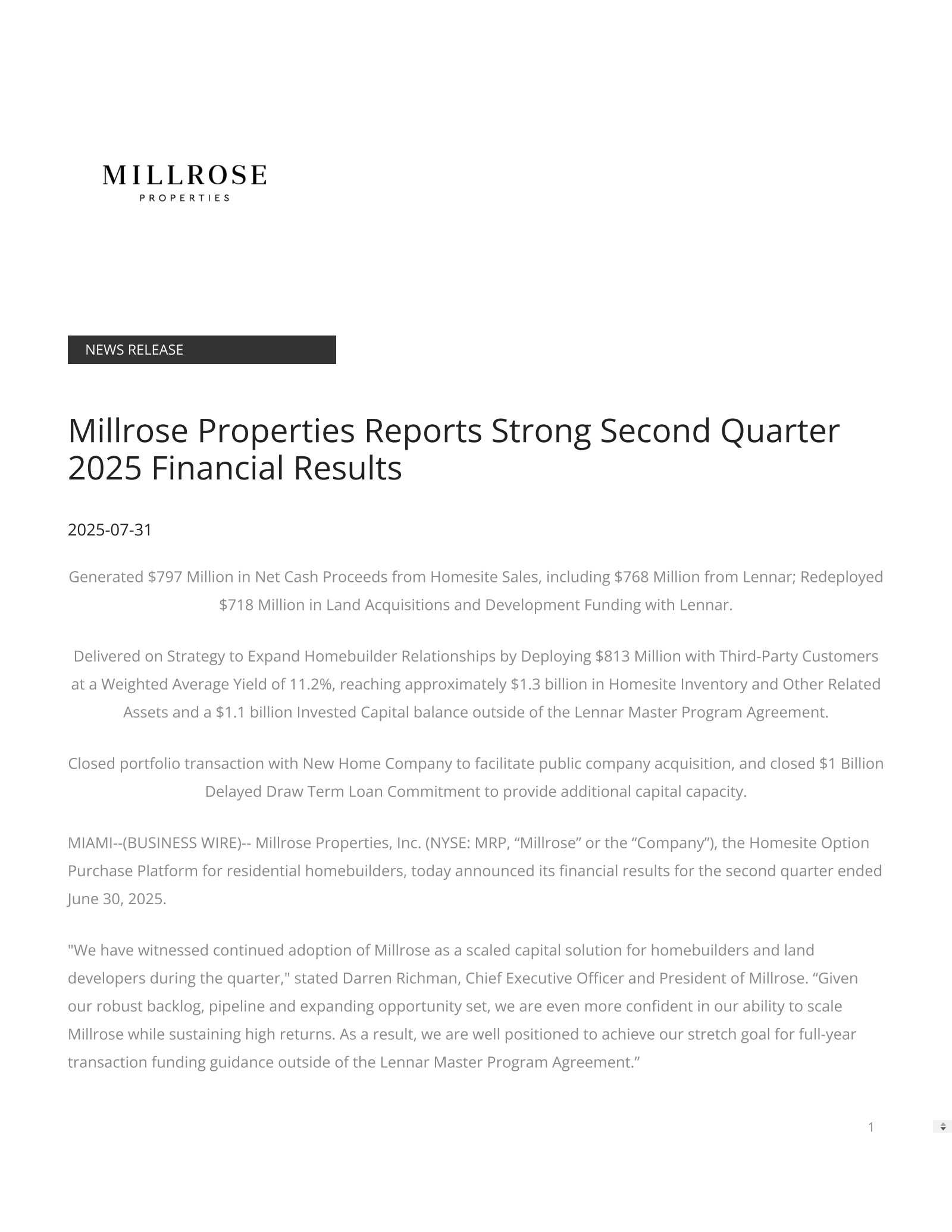 Millrose Properties' Q2 2025 Press Release