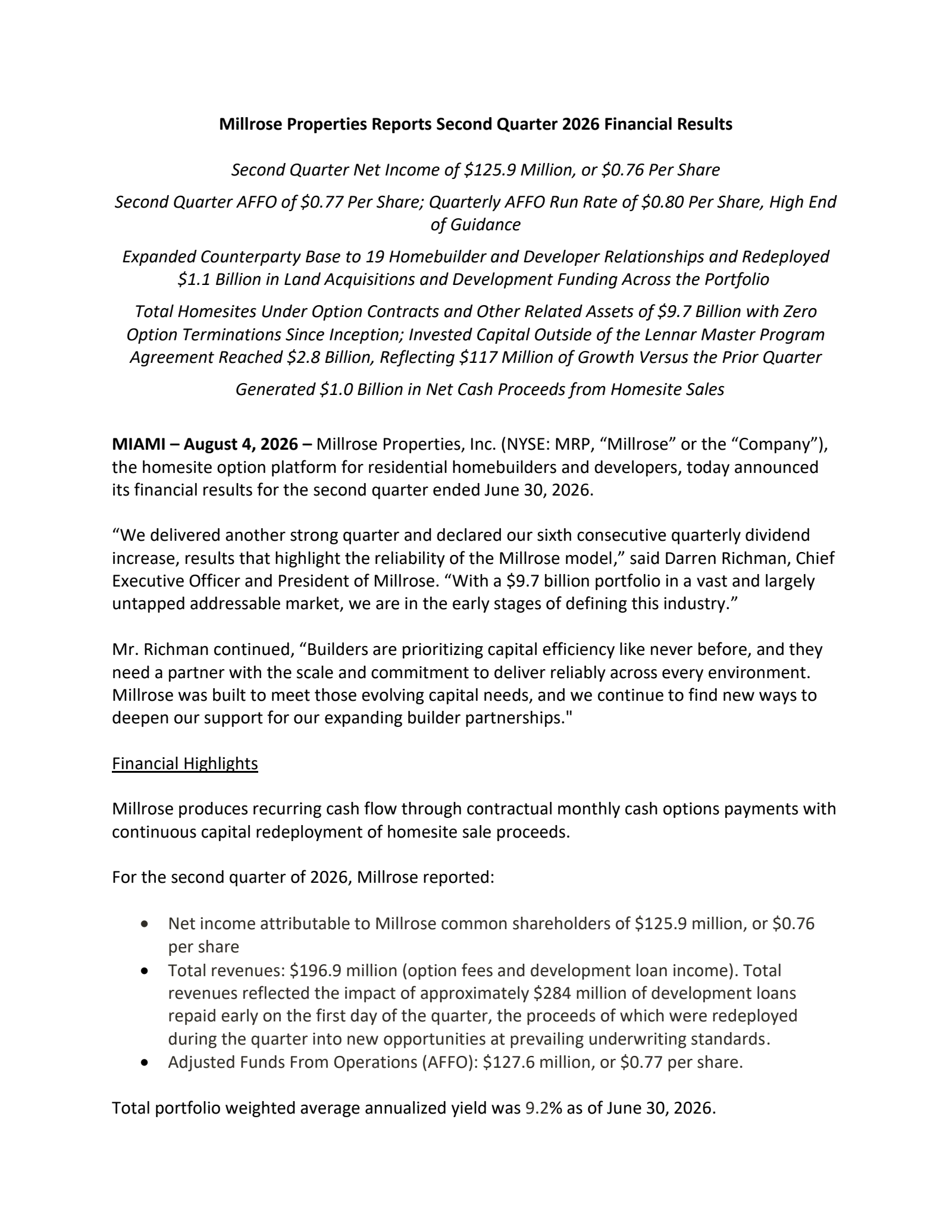 Millrose Properties' Q2 2026 Press Release
