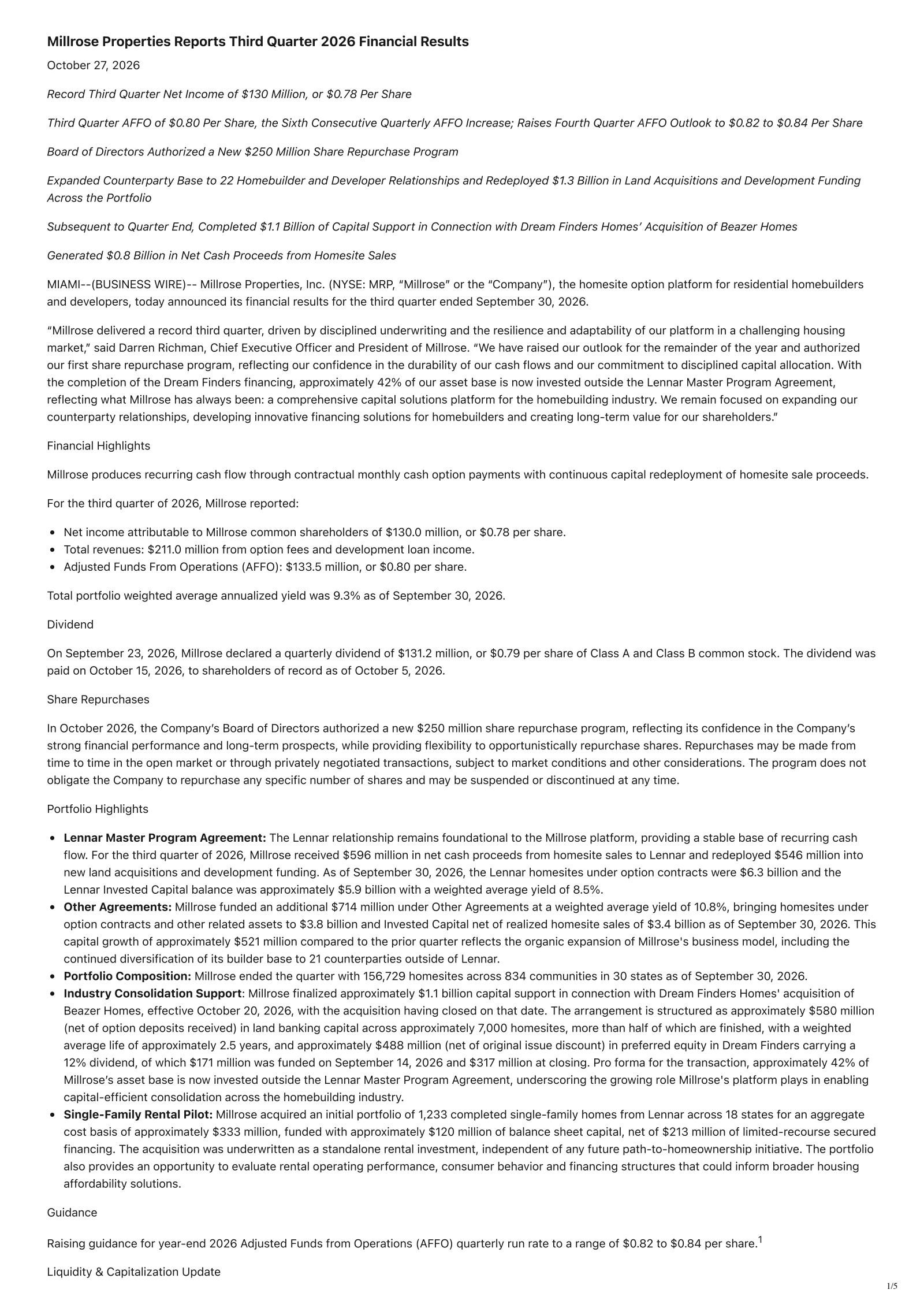 Millrose Properties' Q3 2026 Press Release