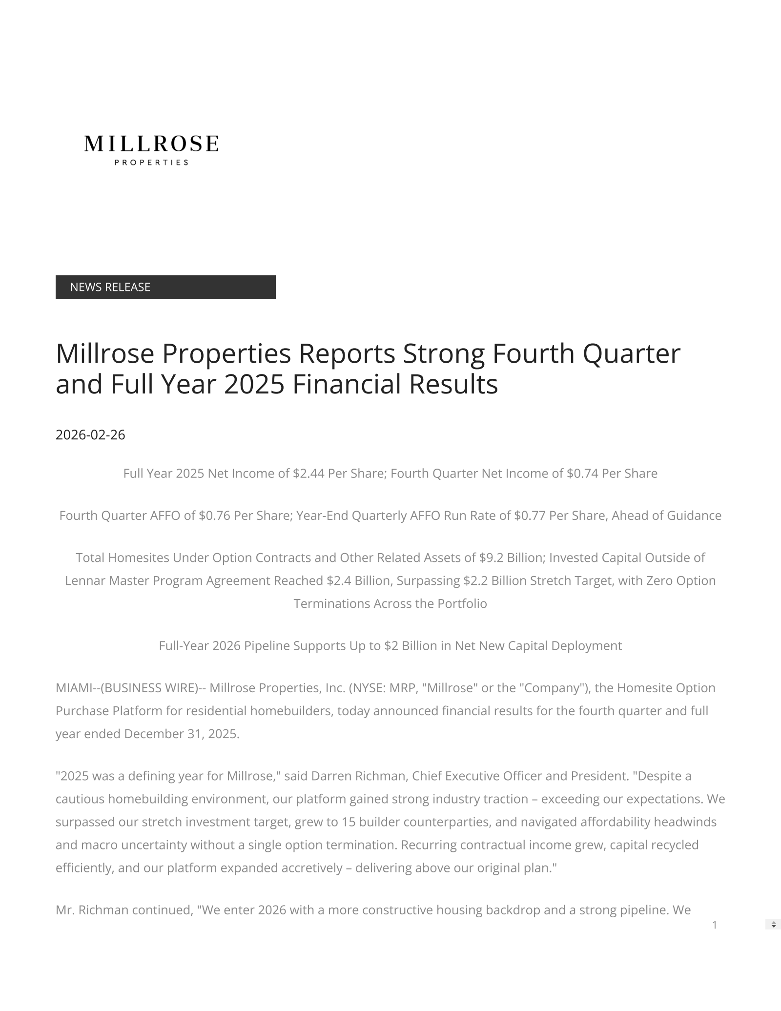 Millrose Properties' Q4 2025 Press Release