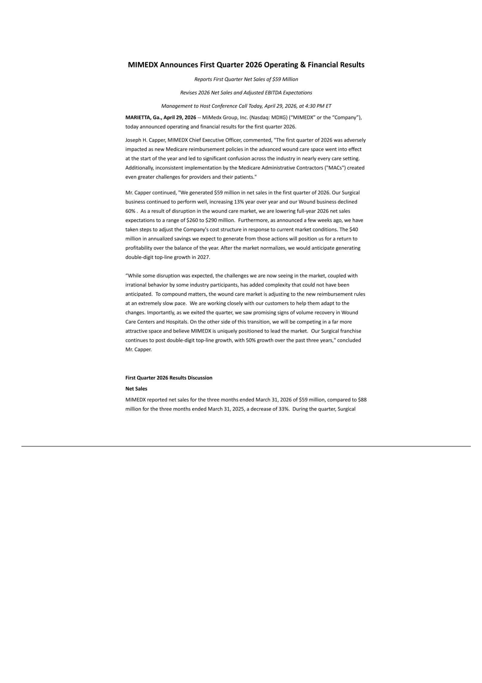 MiMedx Group's Q1 2026 Press Release