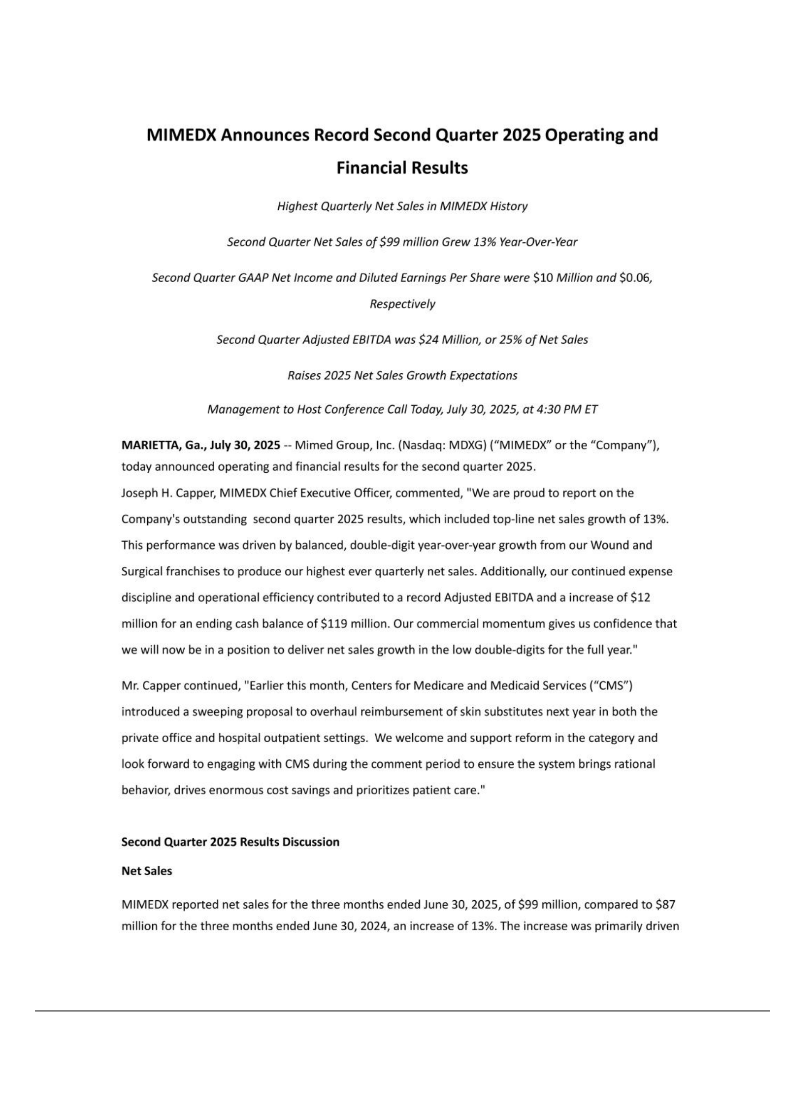 MiMedx Group's Q2 2025 Press Release