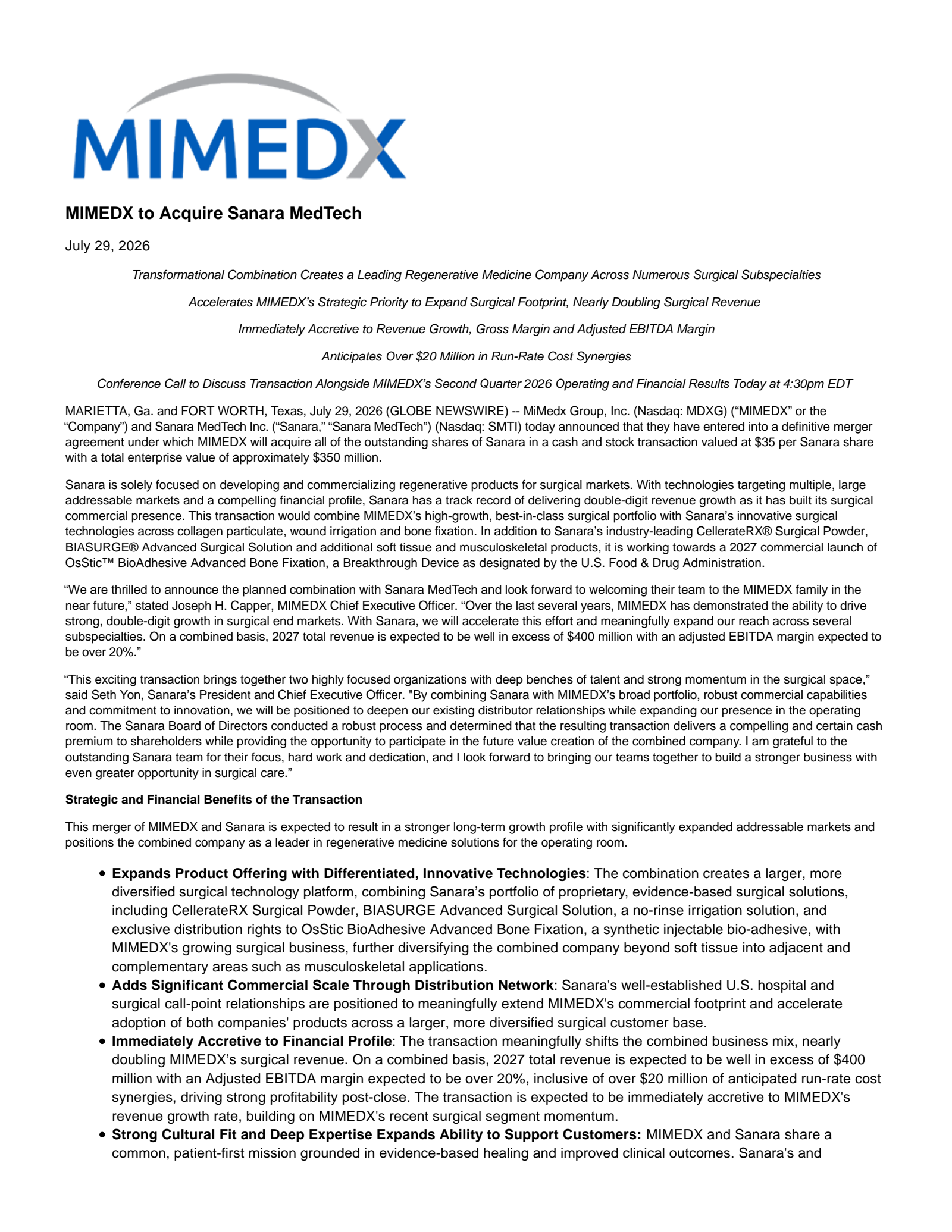 MiMedx Group's Q2 2026 & M&A announcement Press release