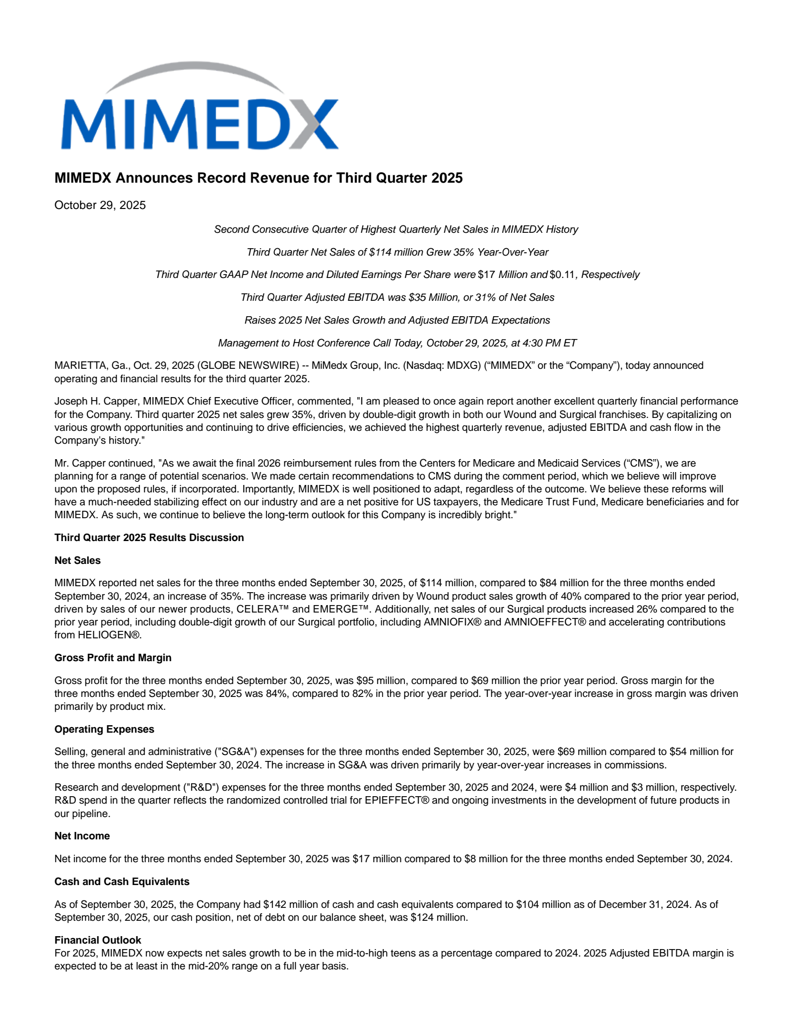 MiMedx Group's Q3 2025 Earnings Release